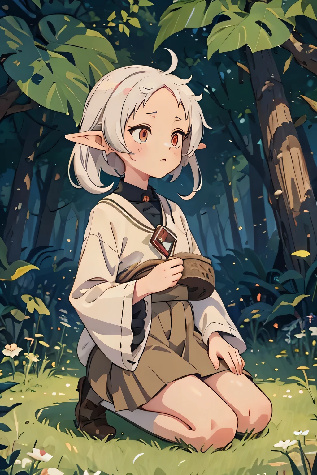 A cute character named Sylphiette Greyrat with elf-like ears and white tomboyish hair, the eyes are red colored with black pupils. Her forehead is visible and detailed with a signal. The character is wearing a white long-sleeve shirt and a brown skirt, is crouching on the grass amidst a serene and beautifully illuminated forest. Mushoku Tensei. anime style masterpiece.