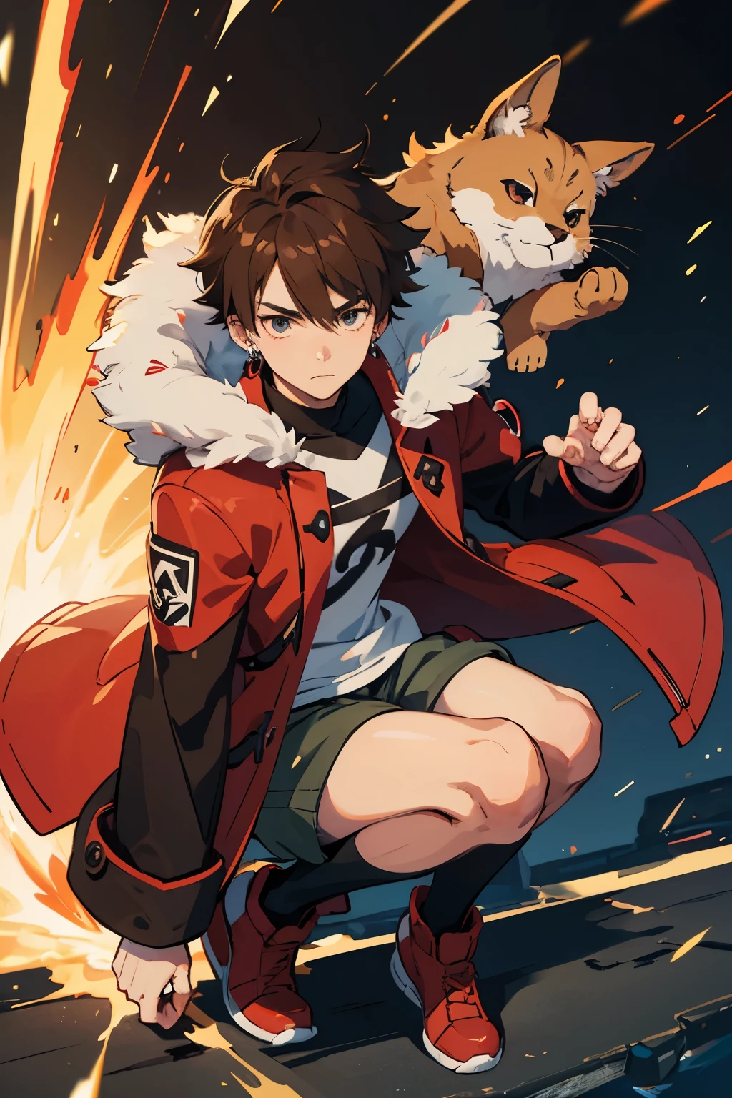 pokemon style man, young, with has short hair, brown hair, anime face, cold expression, closed mouth, earrings, brown coat with fur on hood, knee length shorts, red footwear, masterpiece, best quality, generation 1, generation 2, generation 3, generation 4, generation 5, generation 6, generation 7, generation 8, generation 9