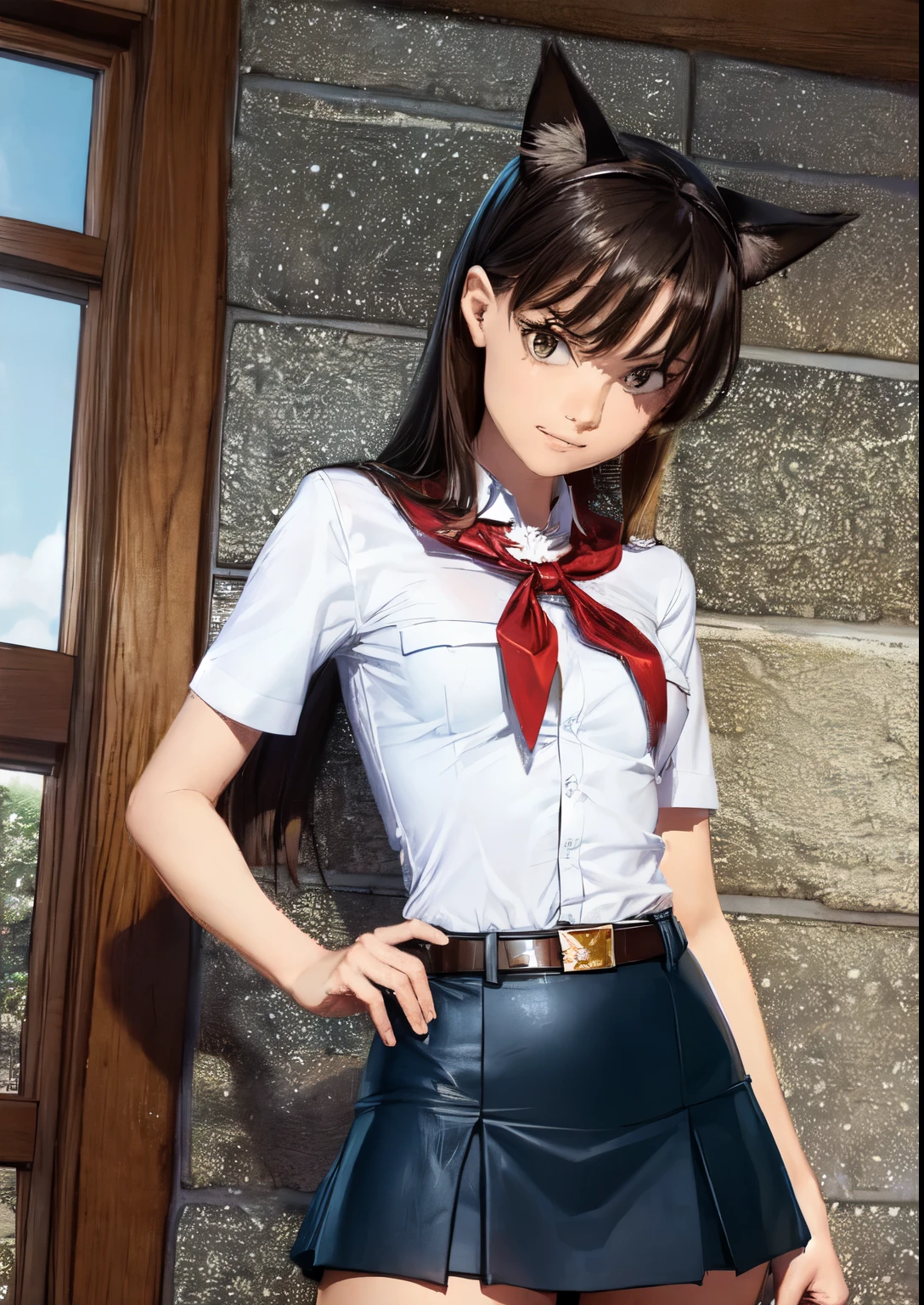 very young slim fit girl, full height, rounded face, very long disheveled dark brown hair, big brown eyes, shy smile, perfect flat breast, band on head with fake cat ears, sashagrey, pioneer neckerchief, short tight blue pleated skirt, bangs, tight white shirt, short sleeves, collared shirt, belt, red neckerchief, breast pocket