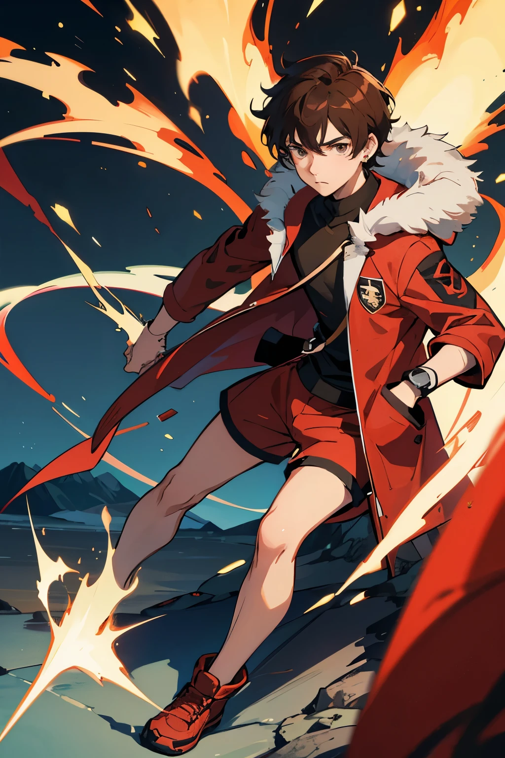 pokemon style man, young, with has short hair, brown hair, anime face, cold expression, closed mouth, earrings, brown coat with fur on hood, knee length shorts, red footwear, masterpiece, best quality, generation 1, generation 2, generation 3, generation 4, generation 5, generation 6, generation 7, generation 8, generation 9