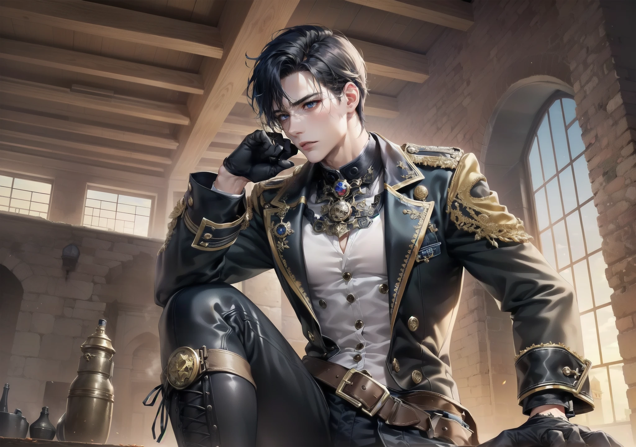 male, Abs, male, male face, attractive, muscular, ((1male)), seat, cool pose,(( Steampunk clothes booster piece, Absurd, best quality, intricate details, (glowing skin, shining body, clear and oily skin, shiny hair, pale skin tone), old castle, sunset, attractive, adult, one, don't see that scene, black short hair, Perfect, detailed face, Hands with perfect detail, Large-scale outbreak of blue eye rhodium