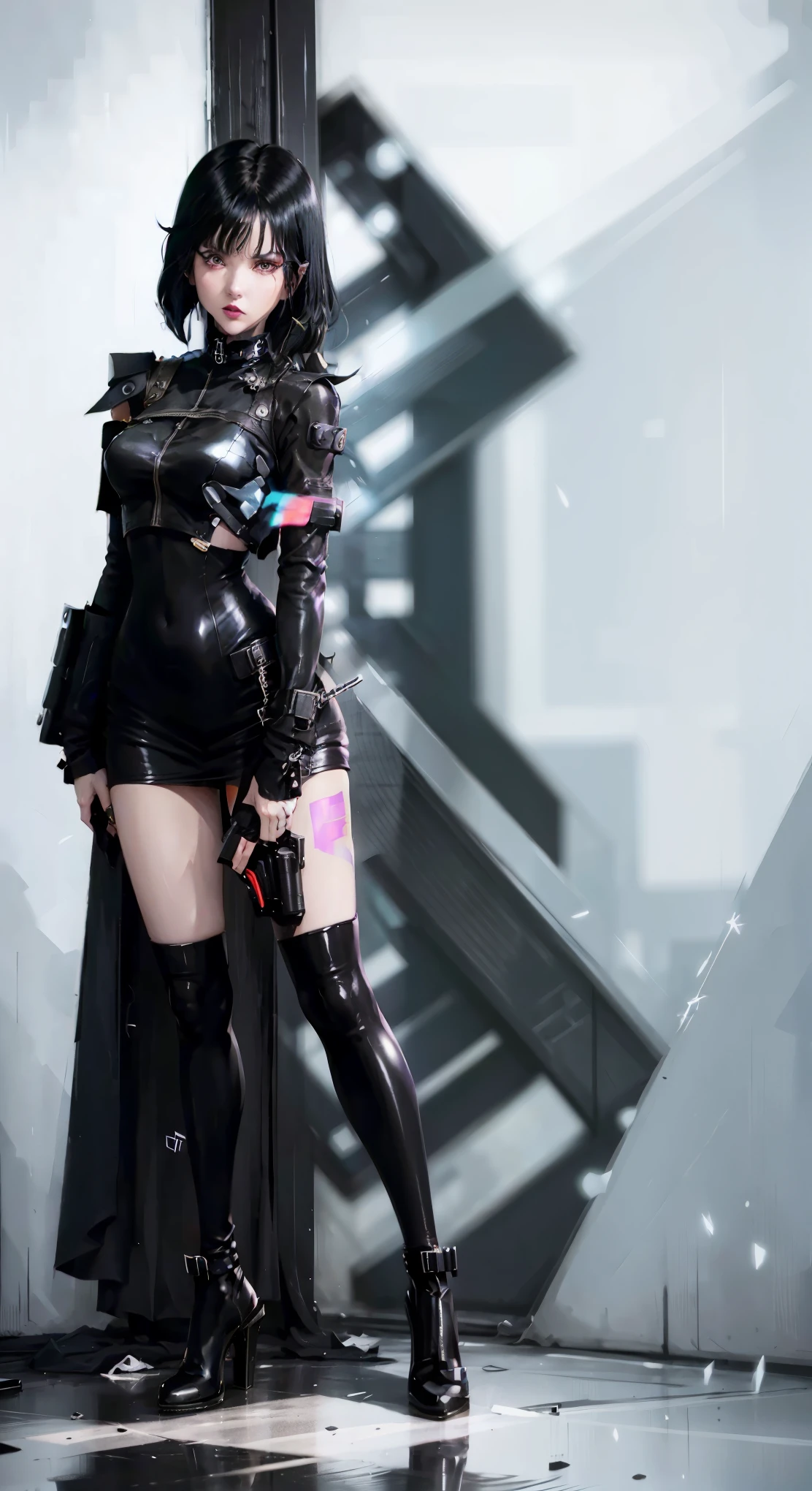 There is a woman in a black latex outfit standing in front of a window, eon flux style, jet black haired cyberpunk girl, cyberpunk 18 y. o model girl, style mix of æon flux, in a mixed style of æon flux, cyborg fashion model, style is a blend of æon flux, chrome outfit, wearing a black catsuit