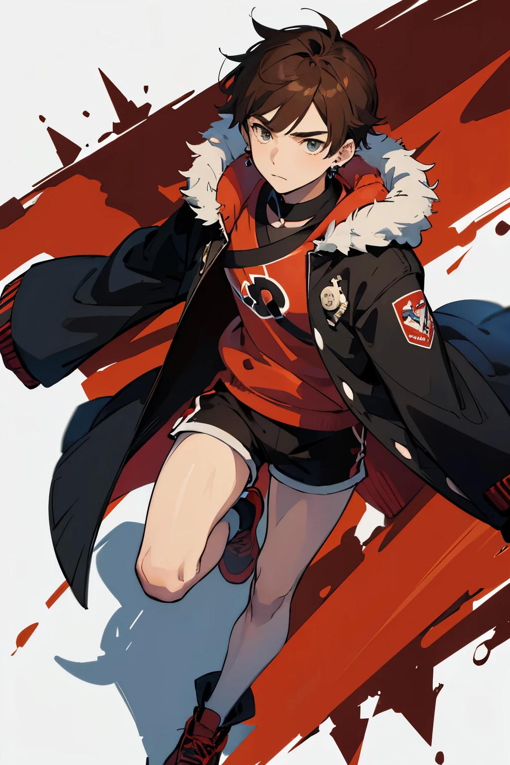pokemon style man, young, with has short hair, brown hair, anime face, cold expression, closed mouth, earrings, brown coat with fur on hood, knee length shorts, red footwear, masterpiece, best quality, generation 1, generation 2, generation 3, generation 4, generation 5, generation 6, generation 7, generation 8, generation 9
