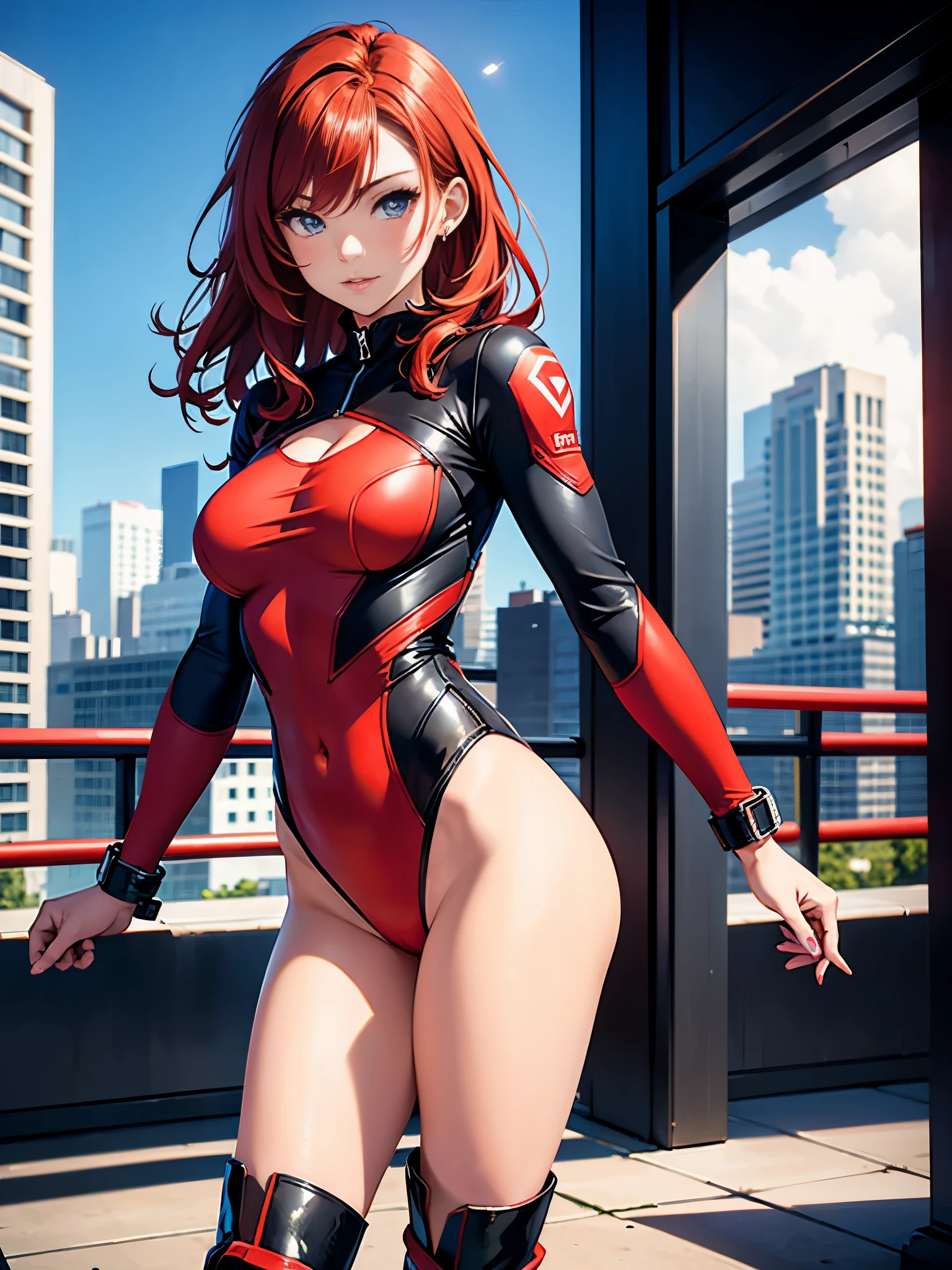 1girl, medium breasts, leotard, red leotard with blue accents, bare legs, boots, matching boots, bracelets, city backdrop, solo, single, standing, full body shot, cowboy shot, beautiful detailed eyes, mature lady, red hair, medium hair