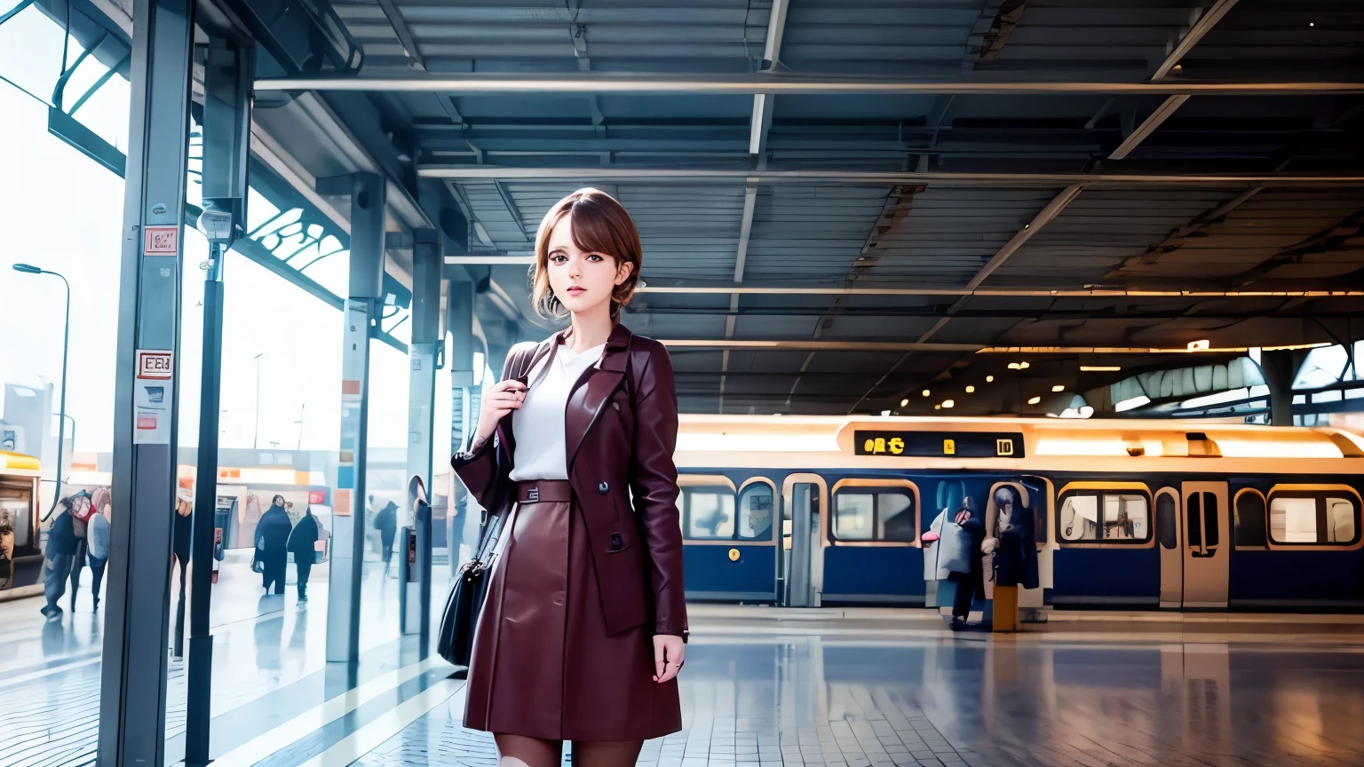 A girl in a train station,Emma Watson,best quality,4k,8k,highres,masterpiece:1.2,ultra-detailed,professional,vivid colors,sharp focus,portraits,realistic,photorealistic:1.37,beautiful detailed eyes,beautiful detailed lips,extremely detailed eyes and face, long eyelashes,platform,train arriving,passengers waiting,luggage,popular actress,sophisticated dress,stylish haircut,train ticket in hand,joyful expression,colorful mural on the station walls,warm lighting,urban backdrop