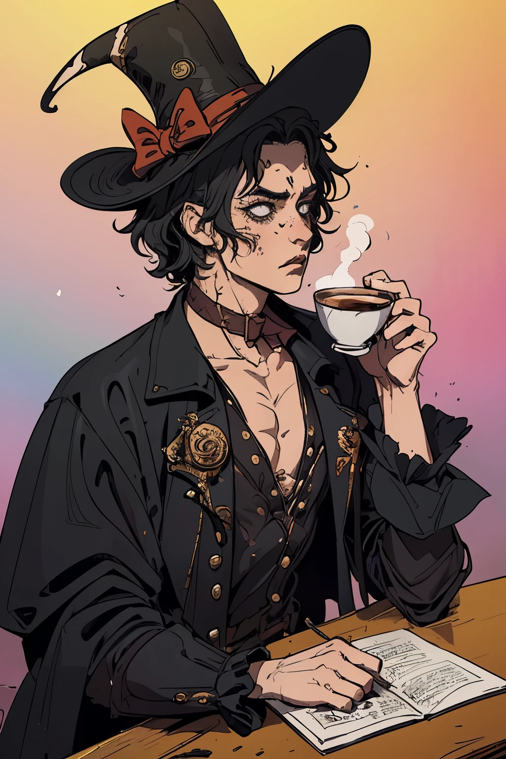 masterpiece:1.2, best quality, ultra detailed, male_focused, young, serious, cold, black layers over gear, archer, bowman gear, in the style of Kentaro Miura, fantasy, SCI-FI, light background,a close up of a person sitting at a table with a cup of coffee, grim-hatter, the madhatter, the mad hatter, mad hatter, in style of tim burton, the rad hatter, dark and horror style, female mad hatter, tim burton style, he is wearing a top hat, surreal tea party, like alice in wonderland