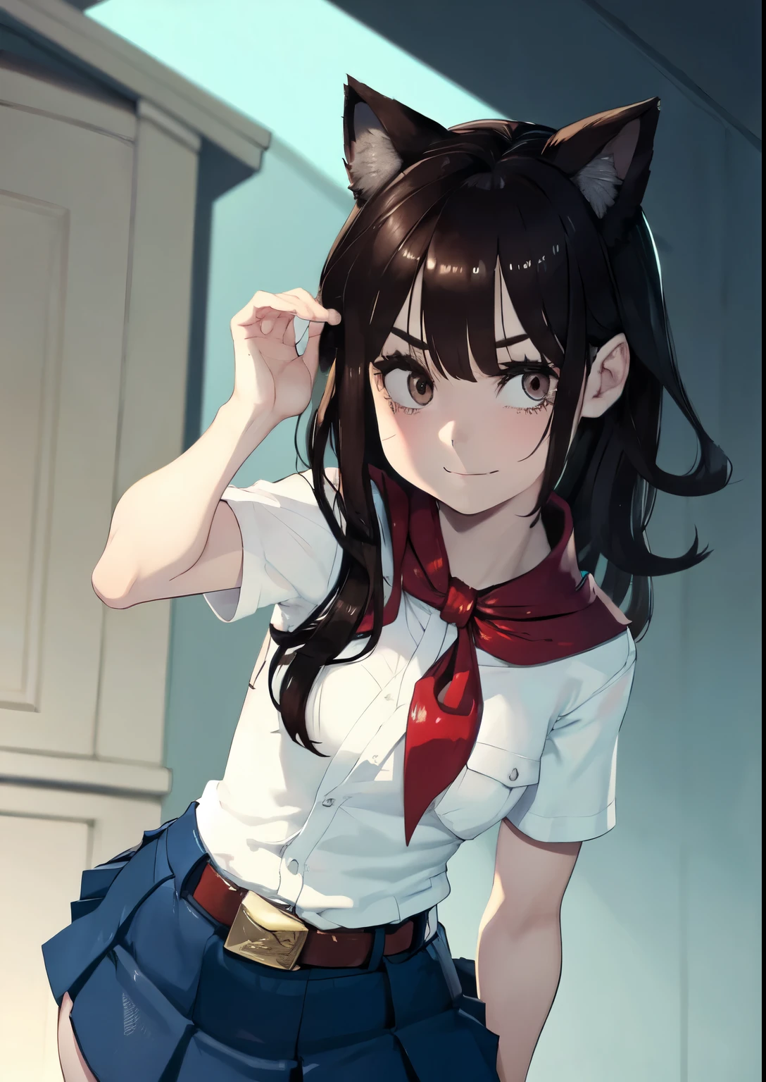 very young slim fit girl, full height, rounded face, very long disheveled dark brown hair, big brown eyes, shy smile, perfect flat breast, band on head with fake cat ears, sashagrey, pioneer neckerchief, short tight blue pleated skirt, bangs, tight white shirt, short sleeves, collared shirt, belt, red neckerchief, breast pocket, parororo