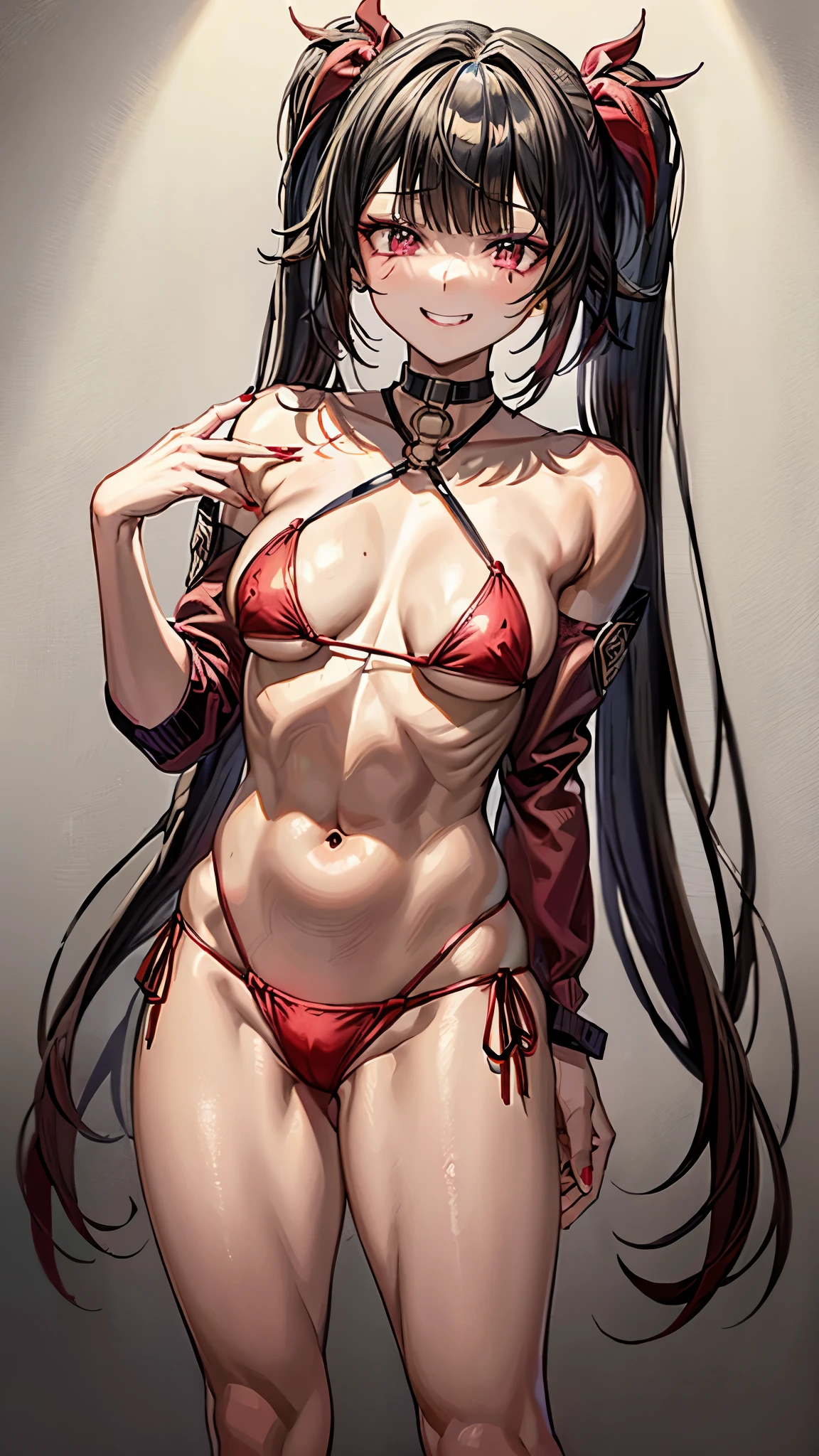 face: Art Style, Anime Style Color: Predominantly red with contrasts of black and white, Eye color: bright crimson red, with luminous reflections. Hair color Black with red highlights, HAIRSTYLE: Long with twintails, adorned with the traditional red and gold hair ornament, (((mischievous and playful smile with a touch of mischief))), muscular legs, sadistic, (((no motel room))), {{{standing giving me the middle finger}}}, (full body photo), manicured nails, red nails, (((wearing a very short and sexy bikini))) , NSFW