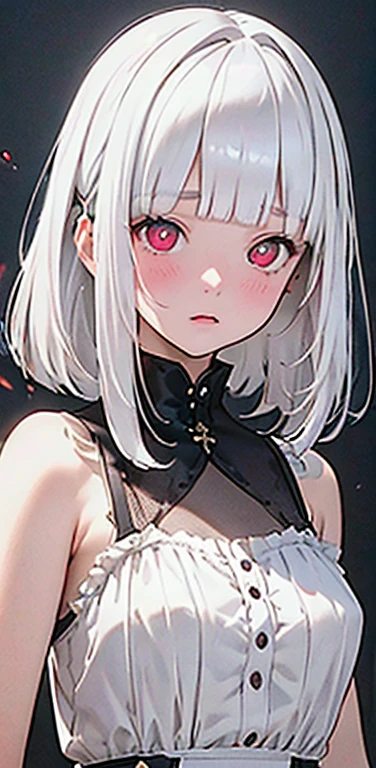 (8K、highest quality、masterpiece:1.2)、Super detailed、super resolution、Realistic、(1girl)  、(white hair)、(blunt bangs:1.5),RED eyes、(face focus:1.3,upper body,portrait),(glowing eyes:1.4),(sundress:1.3)、(clear face:1.3),cute face,blush、small breasts,hair ribbon,(simple background),(full-face blush
heart-shaped pupils)
