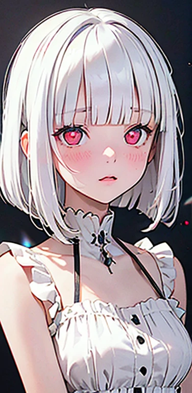 (8K、highest quality、masterpiece:1.2)、Super detailed、super resolution、Realistic、(1girl) 、(white hair)、(blunt bangs:1.5),RED eyes、(face focus:1.3,upper body),(glowing eyes:1.4),(sundress:1.3)、(clear face:1.3),cute face,blush、small breasts,hair ribbon,(simple background),full-face blush
heart-shaped pupils