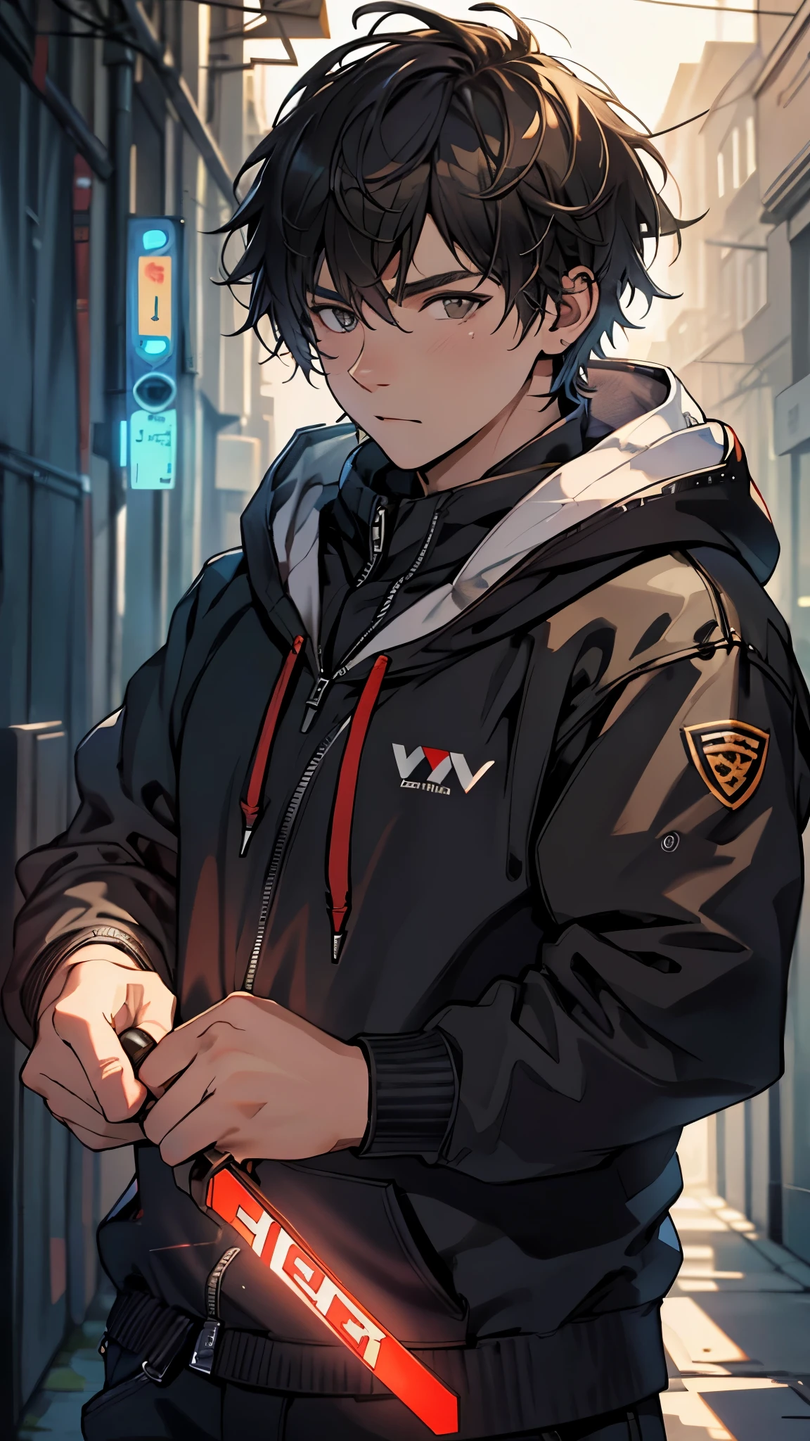 Super detailed, high resolution, super detailed, best quality, stunning, top quality, cinematic lighting, hoodie hacker look, short hair man, facing camera, front,