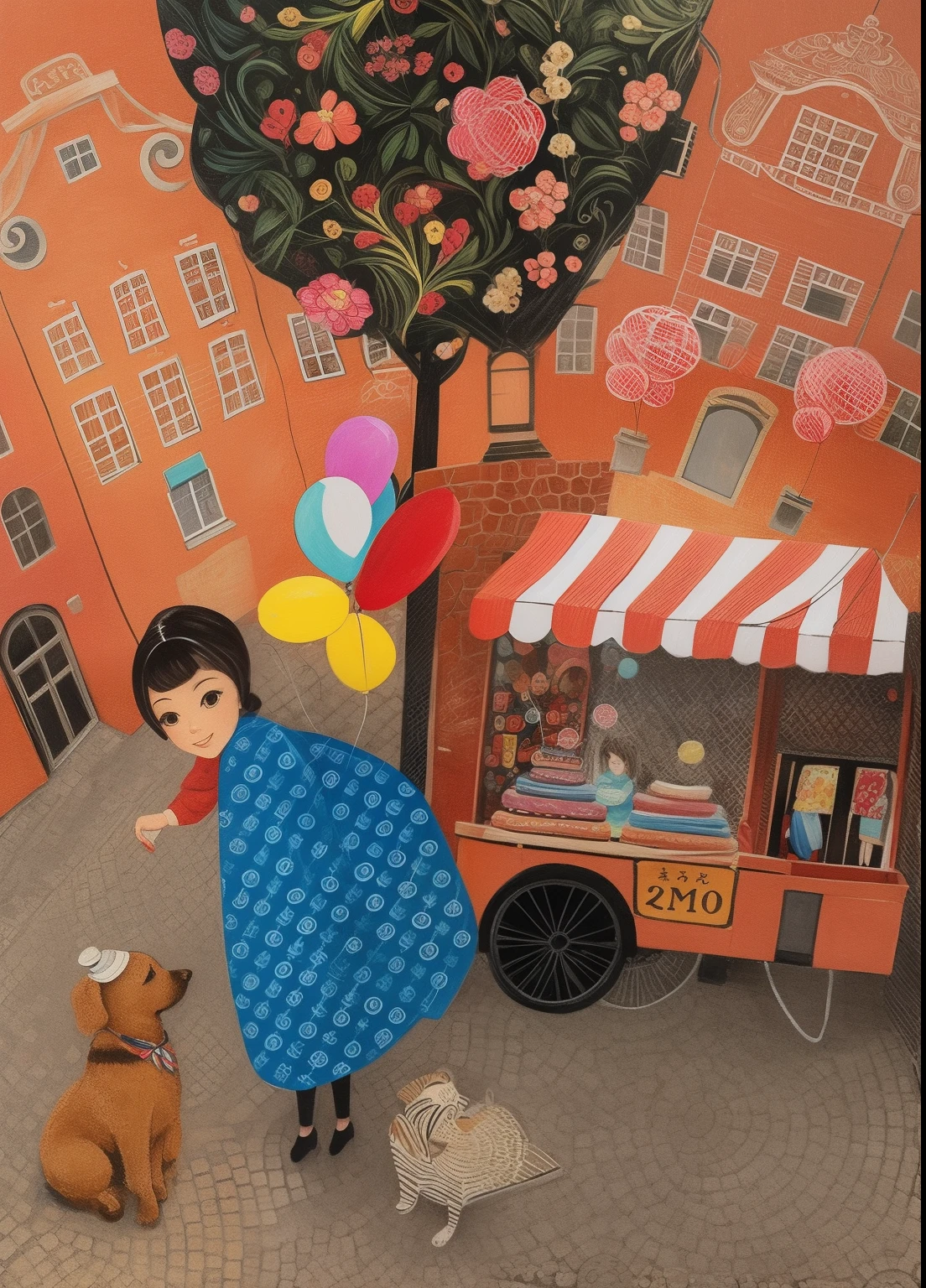 painting of a woman with balloons and a dog in front of a store, by Yuko Tatsushima, by Camille Bombois, by Zsuzsa Máthé, by Małgorzata Serwatka, by Nadya Rusheva, by Elina Karimova, by Judy Takács, by Flavia Blois, by Maki Haku