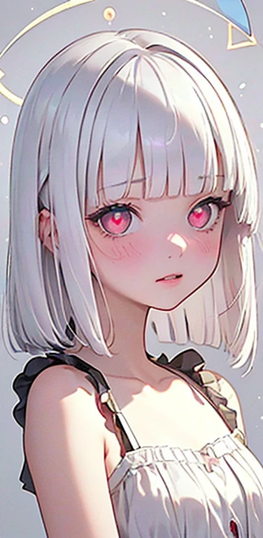 (8K、highest quality、masterpiece:1.2)、Super detailed、super resolution、Realistic、(1girl) 、(white hair)、(blunt bangs:1.5),RED eyes、(face focus:1.3,upper body,portrait),(glowing eyes:1.4),(sundress:1.3)、(clear face:1.3),cute face,blush、small breasts,hair ribbon,(simple background),full-face blush
heart-shaped pupils