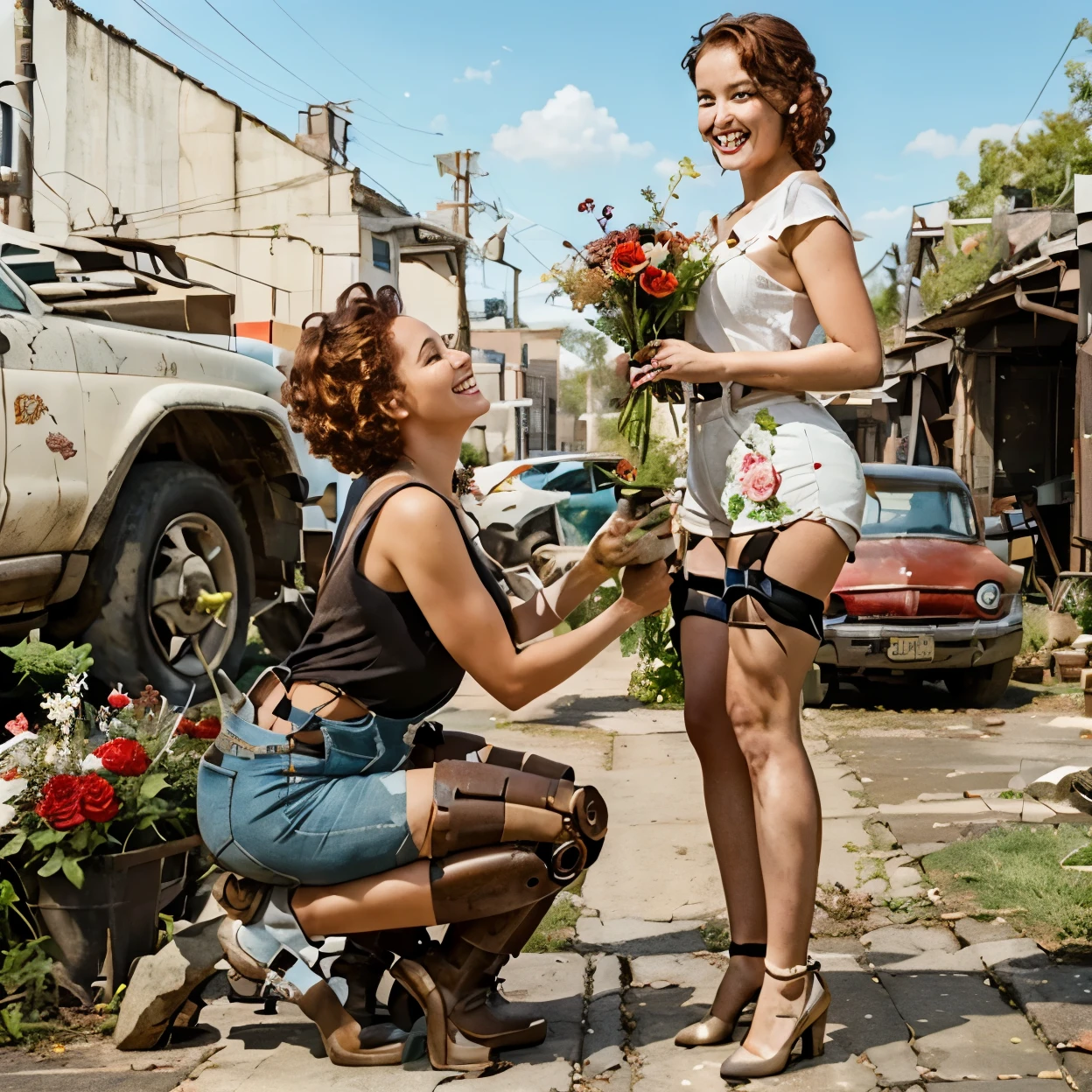 Pinup masterpiece, Old (rusty robot) standing on one knee, robot giving bouquet of roses to curly red-haired girl in mechanic's overalls, girl smiling, In the background yard of robot repair shop. Sunny, dynamic light