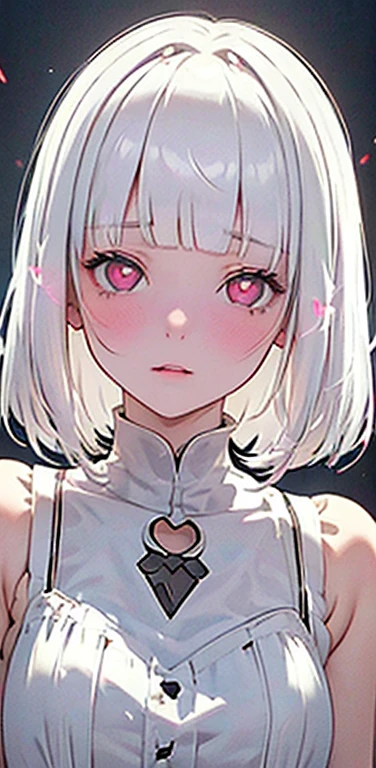 (8K、highest quality、masterpiece:1.2)、Super detailed、super resolution、Realistic、(1girl) 、(white hair)、(blunt bangs:1.5),RED eyes、(face focus:1.3,upper body,portrait),(glowing eyes:1.4),(sundress:1.3)、(clear face:1.3),cute face,blush、small breasts,hair ribbon,(simple background),(full-face blush
heart-shaped pupils)