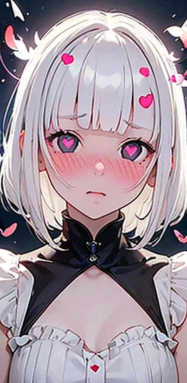 (8K、highest quality、masterpiece:1.2)、Super detailed、super resolution、Realistic、(1girl)  、(white hair)、(blunt bangs:1.5),RED eyes、(face focus:1.3,upper body,portrait),(glowing eyes:1.4),(sundress:1.3)、(clear face:1.3),cute face,blush、small breasts,hair ribbon,(simple background),(full-face blush
heart-shaped pupils:1.5)
