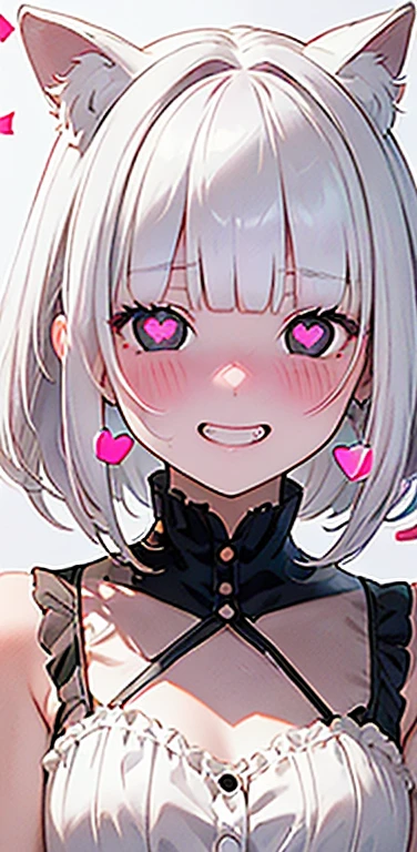 (8K、highest quality、masterpiece:1.2)、Super detailed、super resolution、Realistic、(1girl)  、(white hair)、(blunt bangs:1.5),RED eyes、(face focus:1.3,upper body,portrait),(glowing eyes:1.4),(sundress:1.3)、(grin face:1.3),cute face,blush、small breasts,hair ribbon,(simple background),(full-face blush
heart-shaped pupils:1.5)
