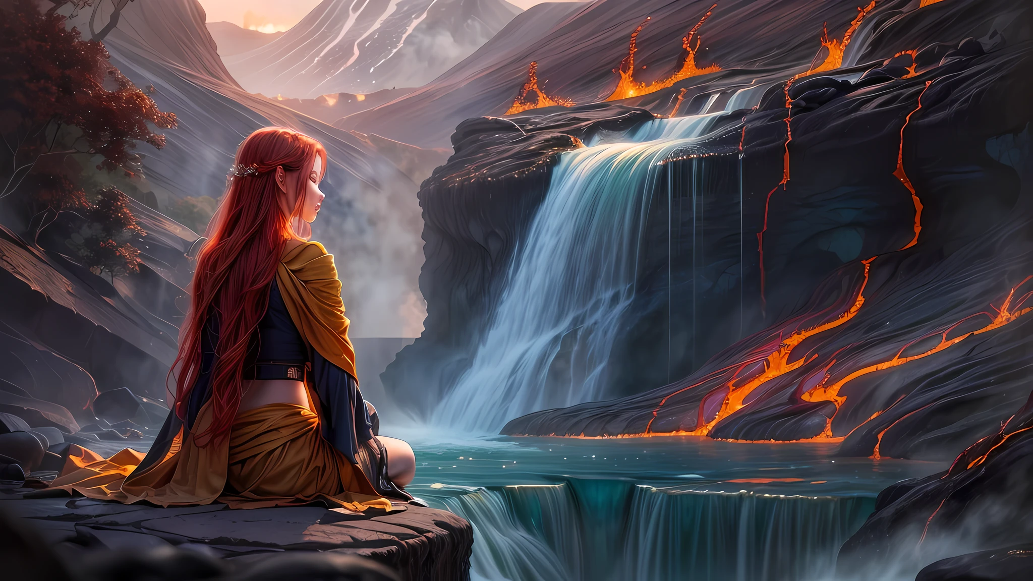 fantasy art, photorealistic, D&D art, a picture of a female monk sitting and meditating near a waterfall, at the base of the waterfall,  there is a human woman monk wearing monk garbs, meditating near a bonfire near an (epic sized waterfall: 1.3), red hair, long hair, full body (best details, Masterpiece, best quality :1.5), ultra detailed face (best details, Masterpiece, best quality :1.5), ultra feminine (best details, Masterpiece, best quality :1.5), exquisite beautiful (best details, Masterpiece, best quality :1.5) red hair, long hair, wavy hair, pale skin, blue eyes, intense eyes, water coming down from a volcanic cliff, multi level water falls, several pools created in different levels, forming new waterfalls, water cascading into a (large lava pool: 1.3) steam rising, clear water in many hues of blue and azure falling, ultra best realistic, best details, best quality, 16k, [ultra detailed], masterpiece, best quality, (extremely detailed), ultra wide shot, photorealism, depth of field, hyper realistic painting, magv1ll