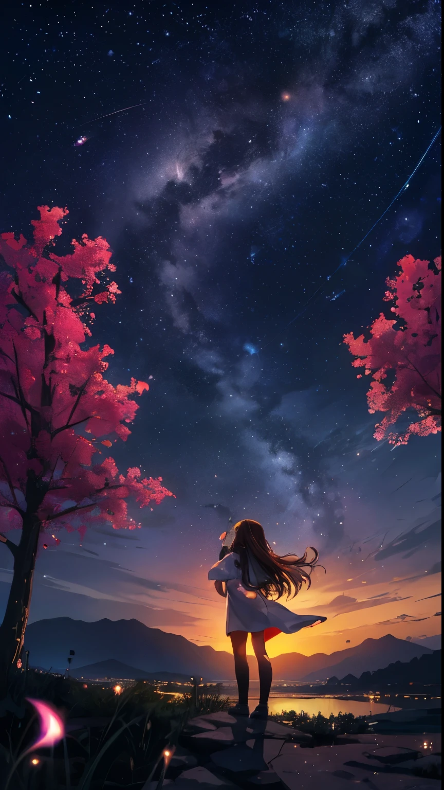 Vasta foto del paisaje, Paisaje retratado, girl with long brown hair and brown eyes, fuchsia hero tunic with black pants, espada y arco al lado suyo, octanes, cielo, estrella (cielo), paisaje, cielo estrellado, Noche, 1chica, cielo nocturno, solo, al aire libre, Negocio, edificio, nube, Milky Way, sentado, tree, ancho, ciudad, silueta, paisaje urbano (vista desde abajo, the sky is above and the open field is below.) lake, breakwater, lagoon,, (Luna llena: 1.2), (Meteoro: 0.9), (Nebulosa: 1.3), distant mountains, BREAK Trees Arte Artesanal, (luz calida: 1.2), (fireflies: 1.2), Luces, Mucho morado y naranja, Detalles intrincados, Volumetric lighting, Realismo BREAK (obra maestra:  1.2), (mejor calidad), 4k, ultra detallado, (dynamic composition: 1.4), detalles muy detallados y coloridos, (Colores del arco iris: 1.2), (bright lighting, atmospheric lighting), dreamer, magical, (solamente: 1.2)