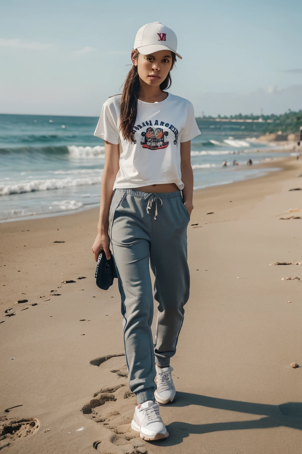 Human, monkey-like, in a baseball cap, in a T-shirt and trousers, sneakers on the feet, on the beach 