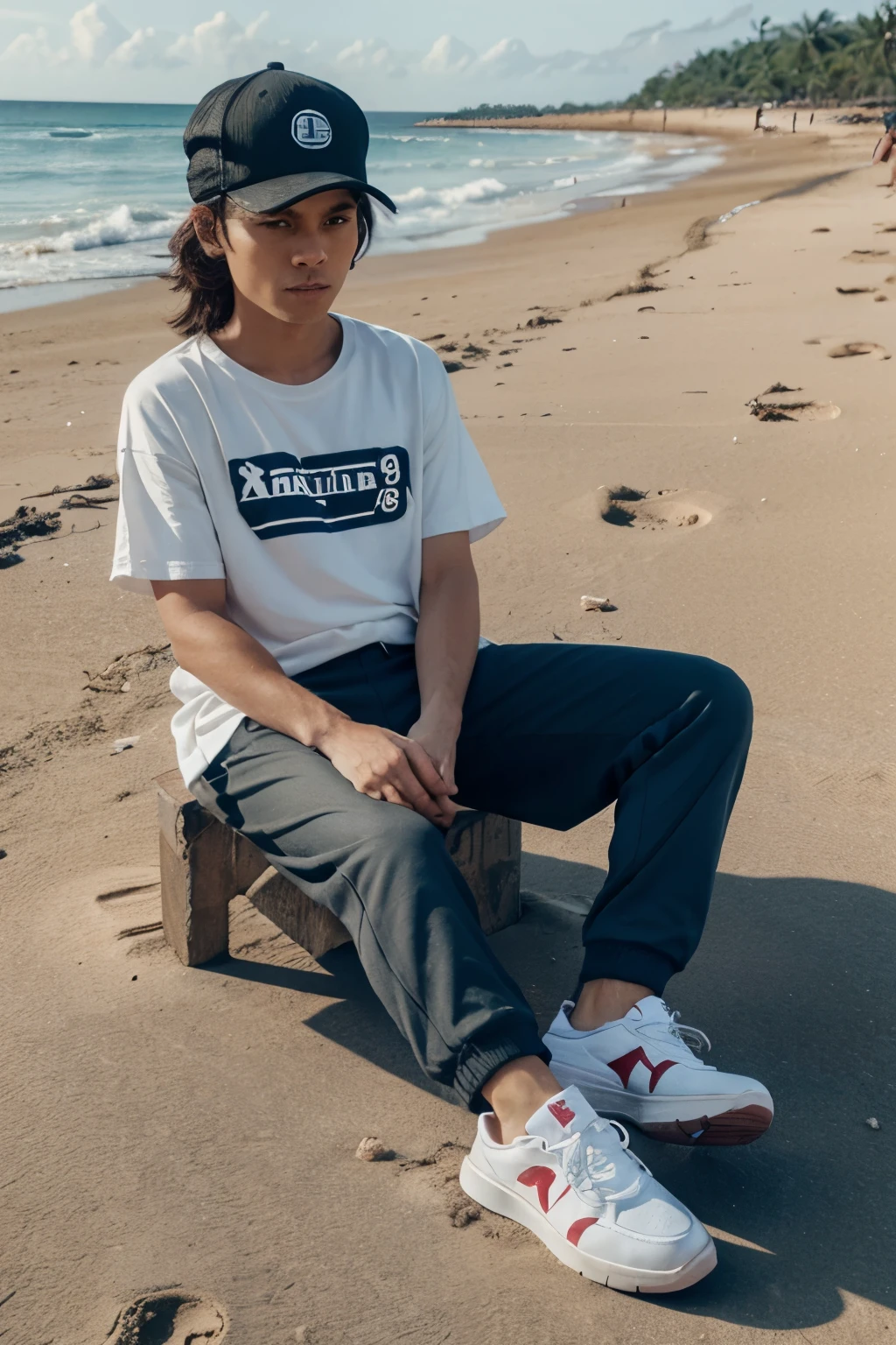Human, monkey-like, in a baseball cap, in a T-shirt and trousers, sneakers on the feet, on the beach