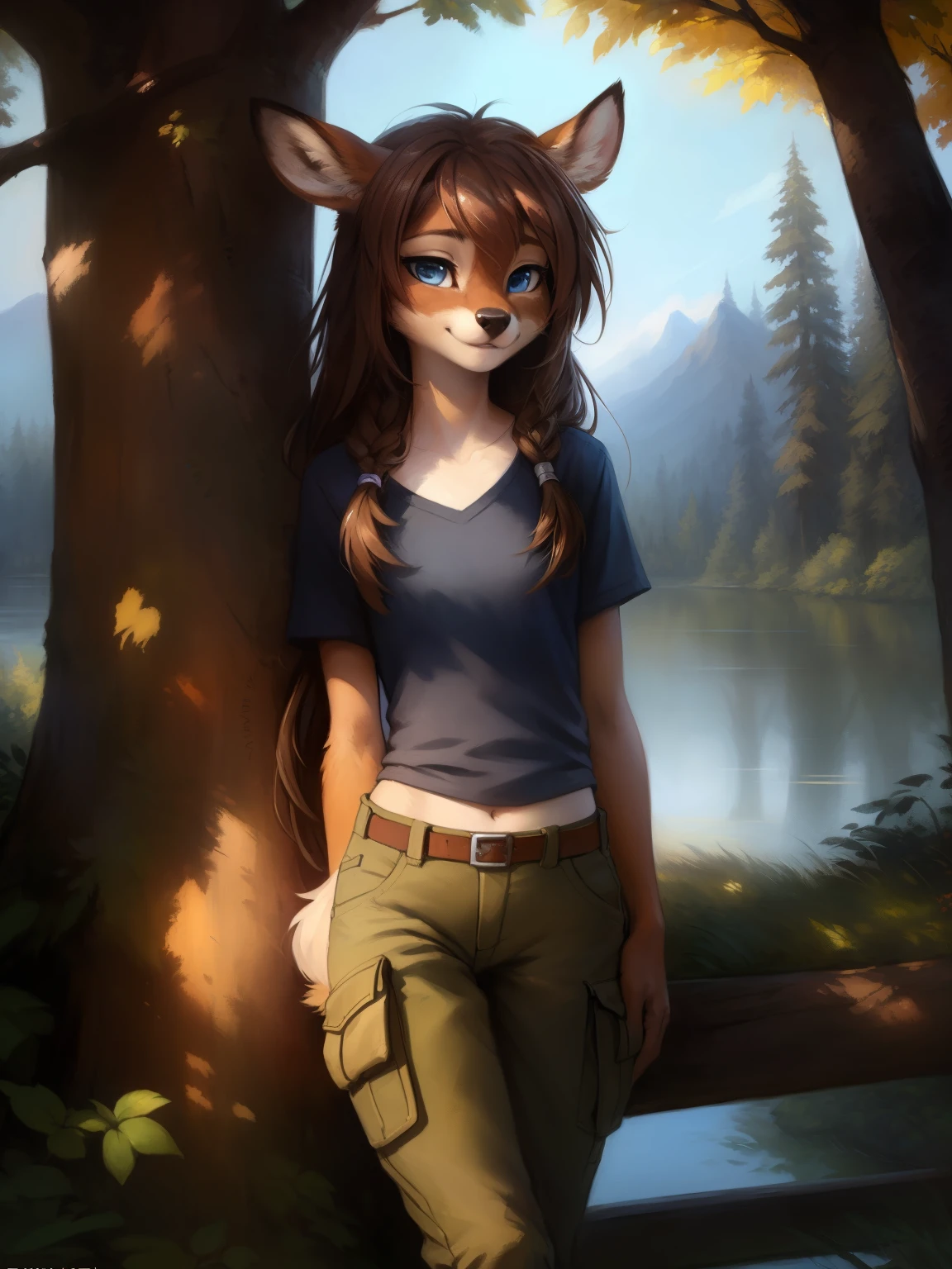 uploaded the e621, beautiful and detailed portrait of a (((female))) small very young solo teenage young anthro female deer doe with with small hips and a skinny body and ((clear navy blue eyes)), ( small legs and hips :1.5), small pelvis, Slim waist, wearing cargo pants and a shirt, leaning against a tree next to a lake in the middle of the forest, long brown hair, kenket, Ross Tran,ruan jia, uploaded to e621, zaush, foxovh, zenematic lighting, deer,full body, deer tail, day, beautiful, messy hair, brown hair, 1girl, solo, night, smiling shyly, detailed,hair covering eyes, black and brown hair, long hair floating in the wind, beautiful, (sublime: 1.0), (Extremely sensitive: 1.0),