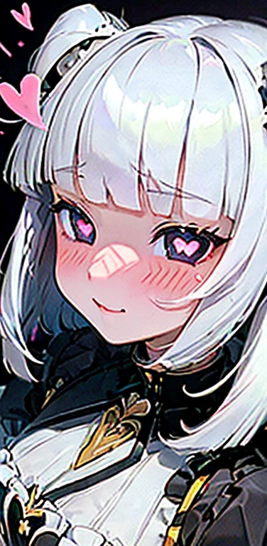 (8K、highest quality、masterpiece:1.2)、Super detailed、super resolution、Realistic、(1girl)  、(white hair)、(blunt bangs:1.5),RED eyes、(face focus:1.3,upper body,portrait),(glowing eyes:1.4),(sundress:1.3)、(happy:1.3),cute face,blush、small breasts,hair ribbon,(simple background),(full-face blush
heart-shaped pupils:1.5)
