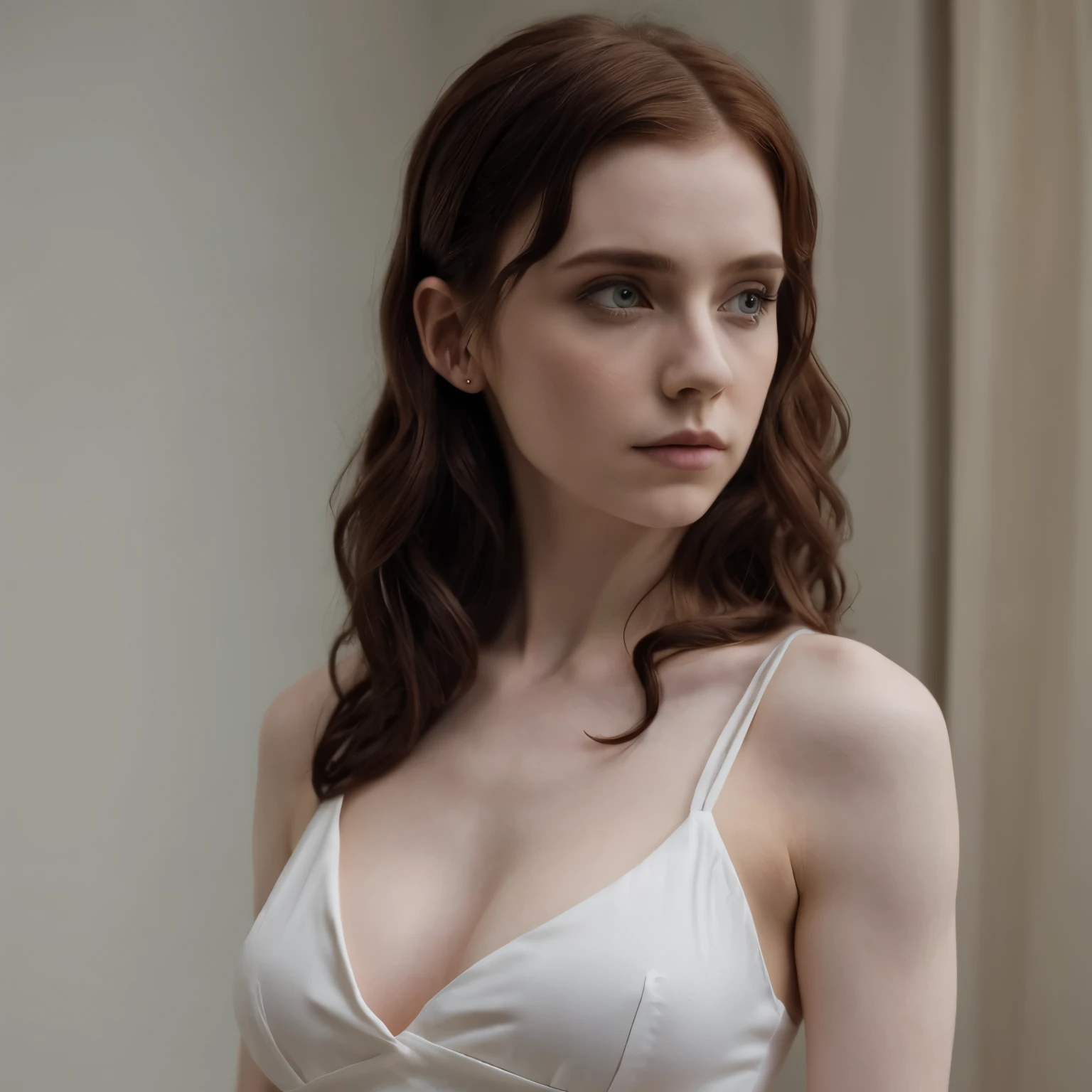 Sophia Lillis, toned muscular body, goth makeup, pale skin, long wavy hair, dress shirt, cleavage