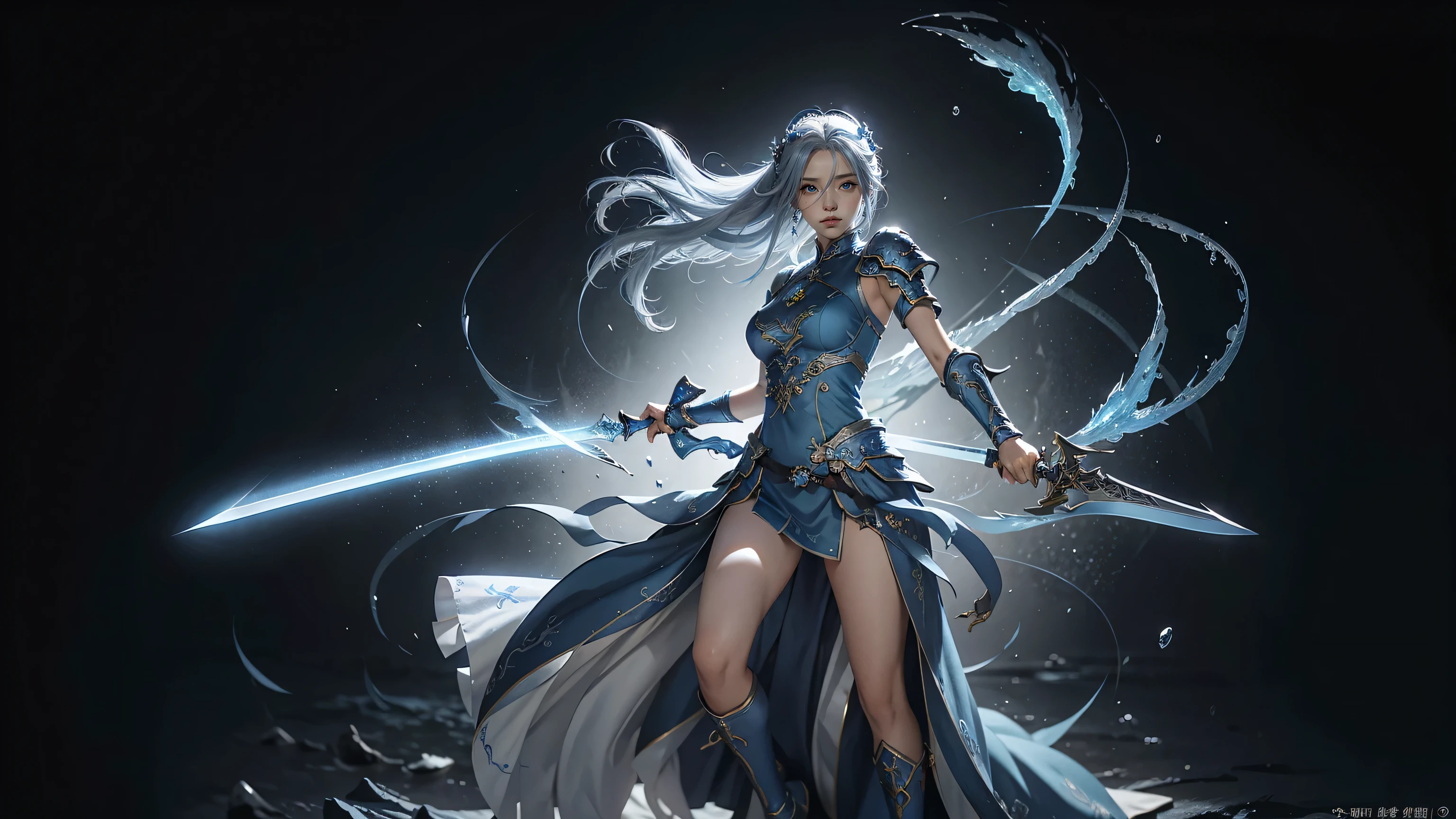 arafed female in a blue dress holding a large sword, a screenshot inspired by Leng Mei, pixiv, realism, full body xianxia, lunar themed attire, thancred waters in style of wlop, spellcasting pose, ingame image, lineage 2 revolution style, blue and ice silver color armor, costume with blue accents