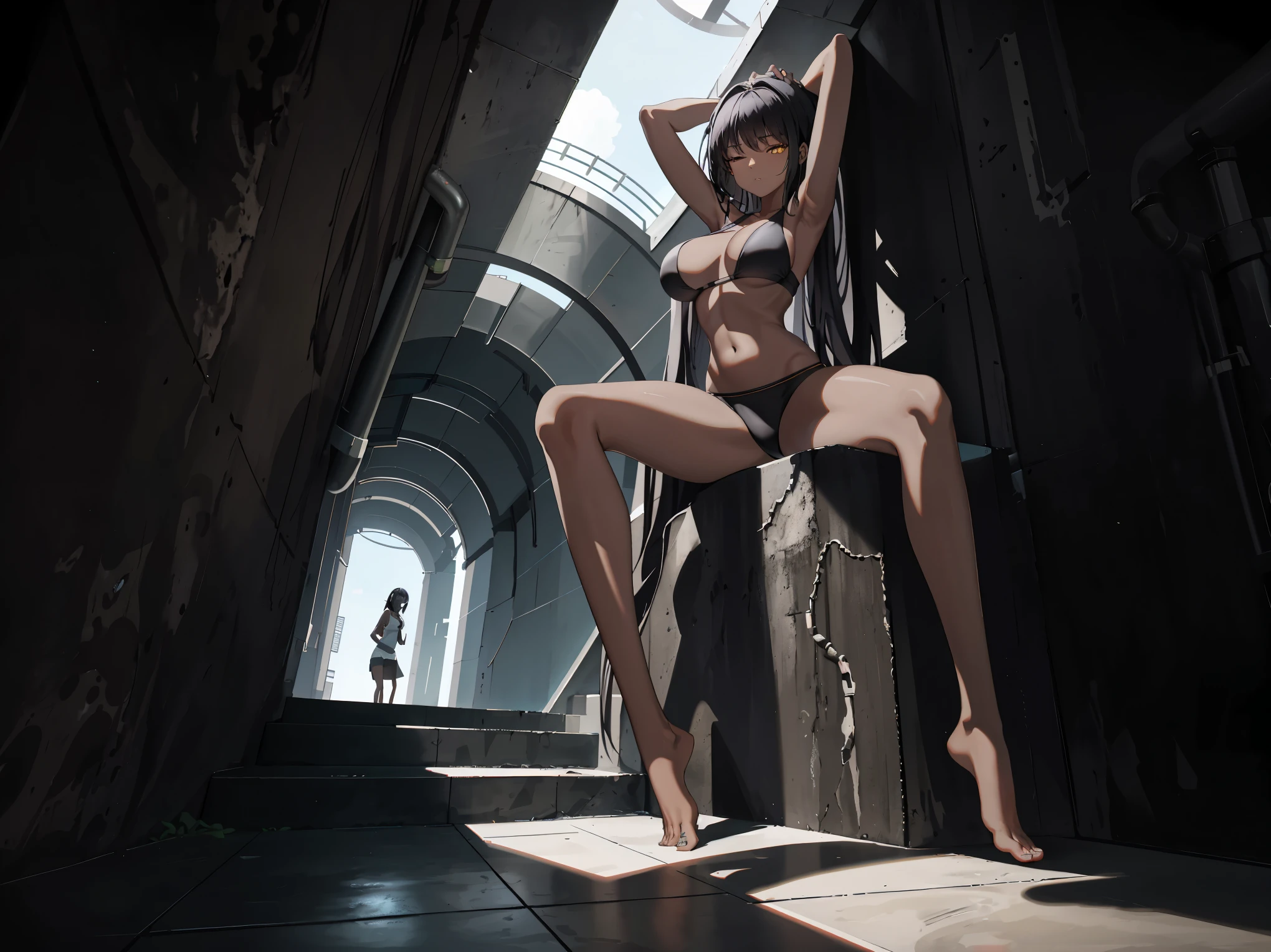 Masterpiece, best quality, high resolution, 1 woman, black skin , black hair , Close your eyes. , black tank top , underwear , abdomen , big breasts, Long legs , Barefoot , stretch , sit , Open your legs. , stairs , tunnel , drain pipe