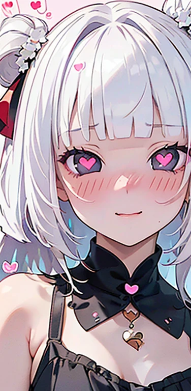 (8K、highest quality、masterpiece:1.2)、Super detailed、super resolution、Realistic、(1girl)  、(white hair)、(blunt bangs:1.5),RED eyes、(face focus:1.3,upper body,portrait),(glowing eyes:1.4),(sundress:1.3)、(happy:1.3),cute face,blush、small breasts,hair ribbon,(simple background),(full-face blush
heart-shaped pupils:1.5)
