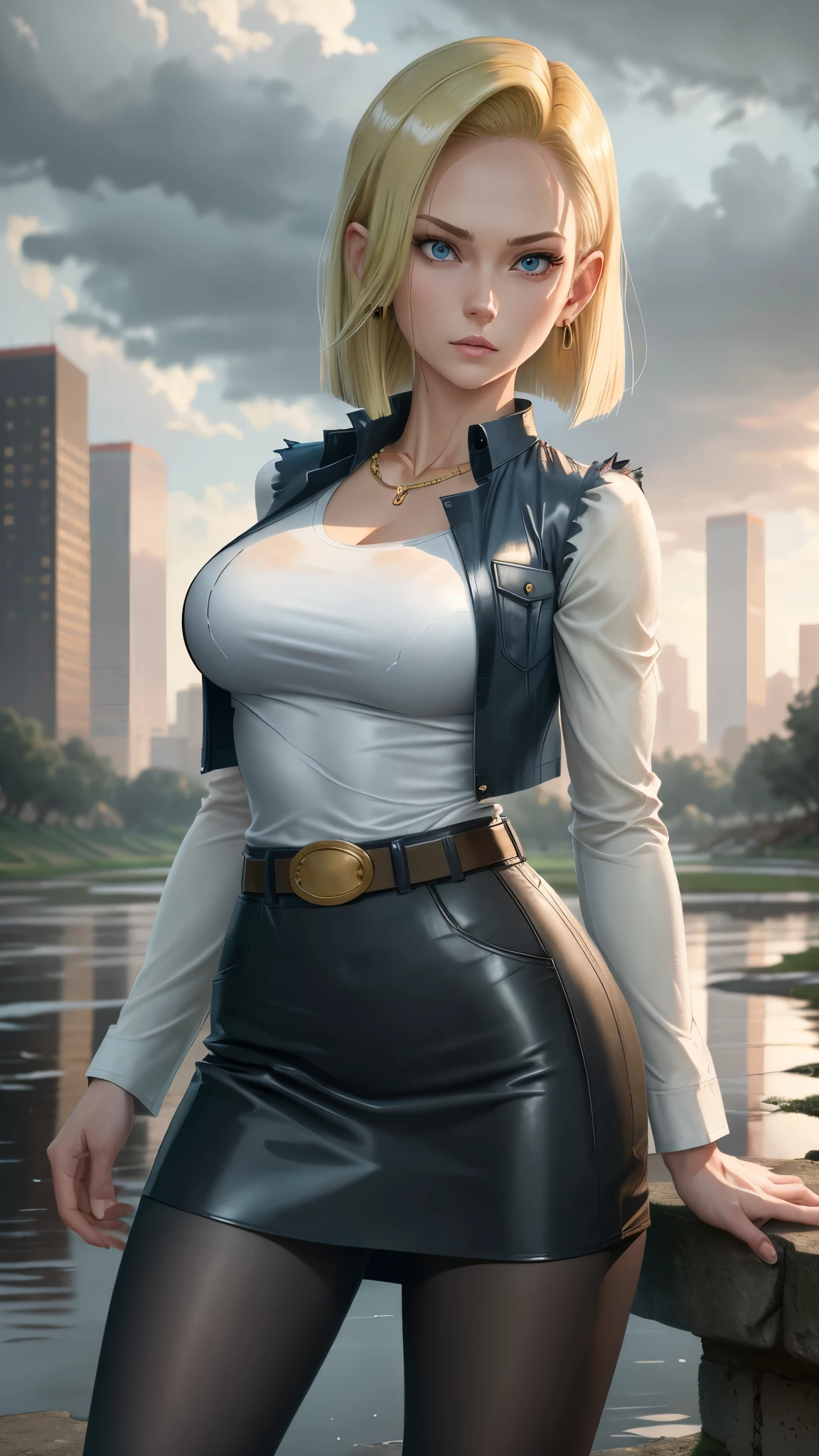 best quality, high-res, and18, 1girl, android 18, solo, blonde hair, blue eyes, belt, tight demin skirt, gold necklace, black shirt, short hair, long sleeves, earrings, open vest, denim vest, large breasts, cowboy shot, city park, straight-on, (weather: raining), sexy stance, full length pantyhose, battle ruins, wide hips, wet shirt,