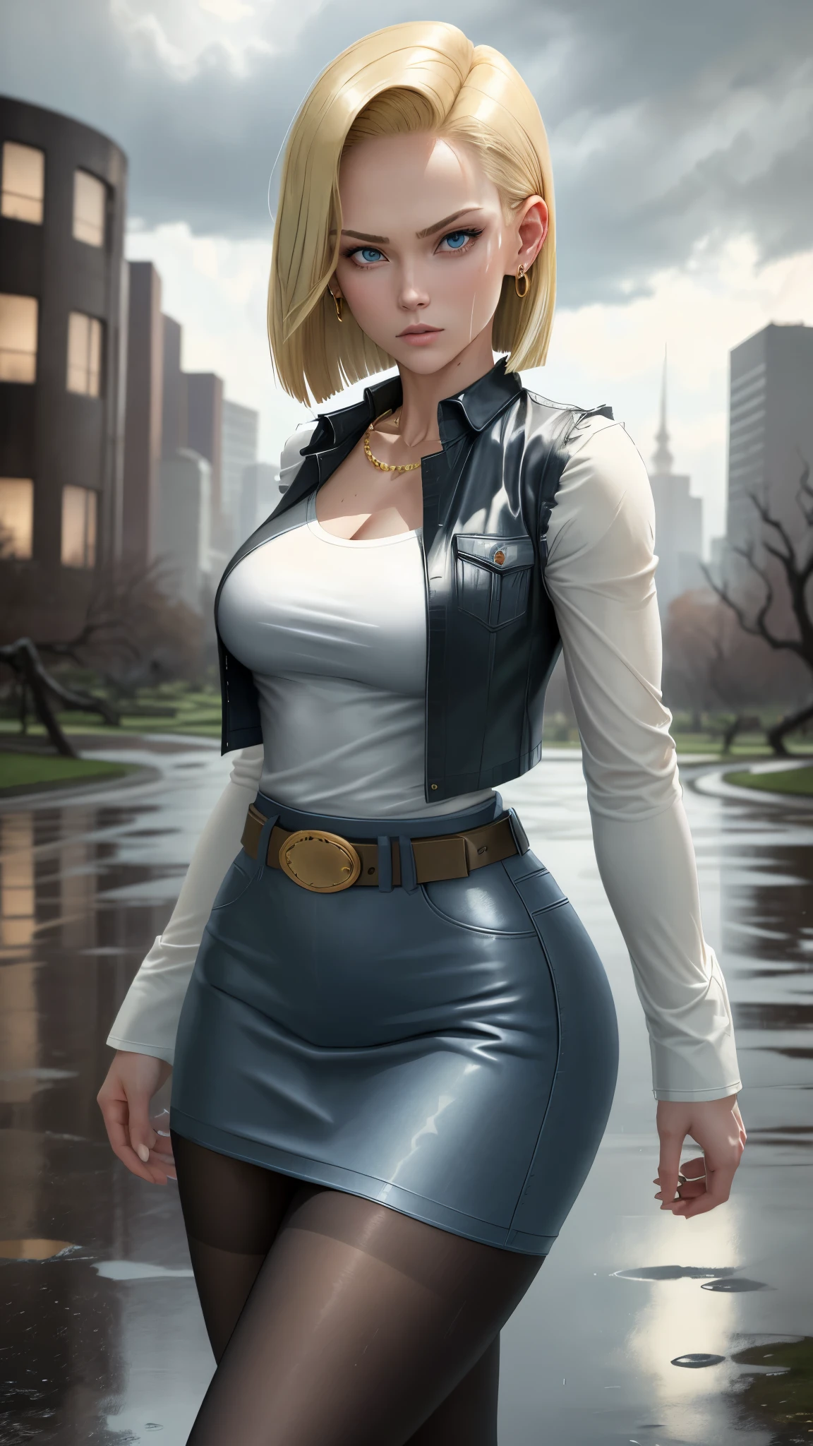 best quality, high-res, and18, 1girl, android 18, solo, blonde hair, blue eyes, belt, tight demin skirt, gold necklace, black shirt, short hair, long sleeves, earrings, open vest, denim vest, large breasts, cowboy shot, city park, straight-on, (weather: raining), sexy stance, full length pantyhose, battle ruins, wide hips, wet shirt,