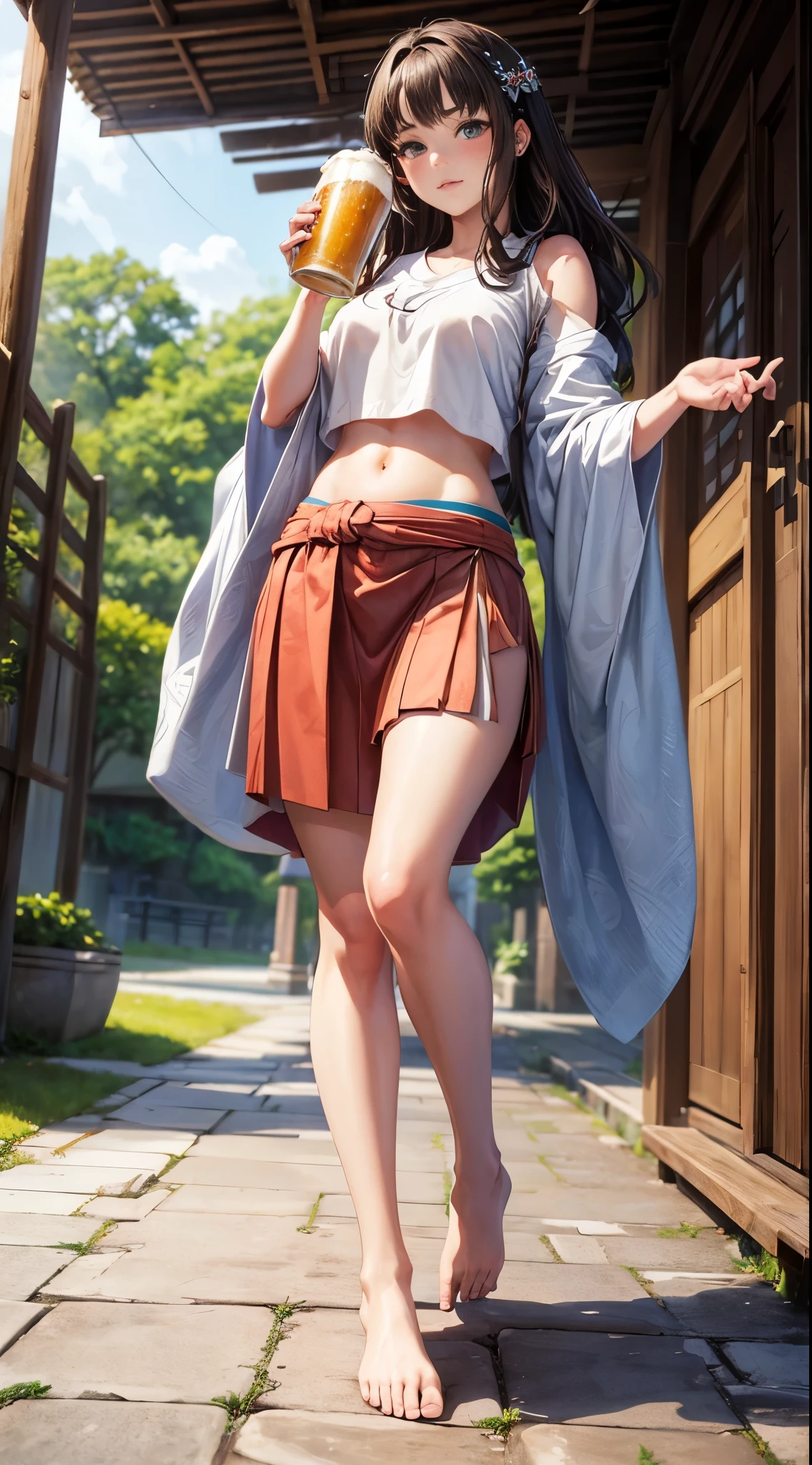 ((best quality)), ((masterpiece)), (detailed), perfect face, ((high quality face)), princess mononoke, studio ghibli, brown hair, gray eyes, ((highly detailed face)), blush, (drunk), (drunk pose), japanese clothes, cropped top, midriff visible, navel visible, short skirt, barefoot, ((high quality feet)), walking towards camera, stumbling, looking at the camera, ((full body)), eyes half closed, holding beer
