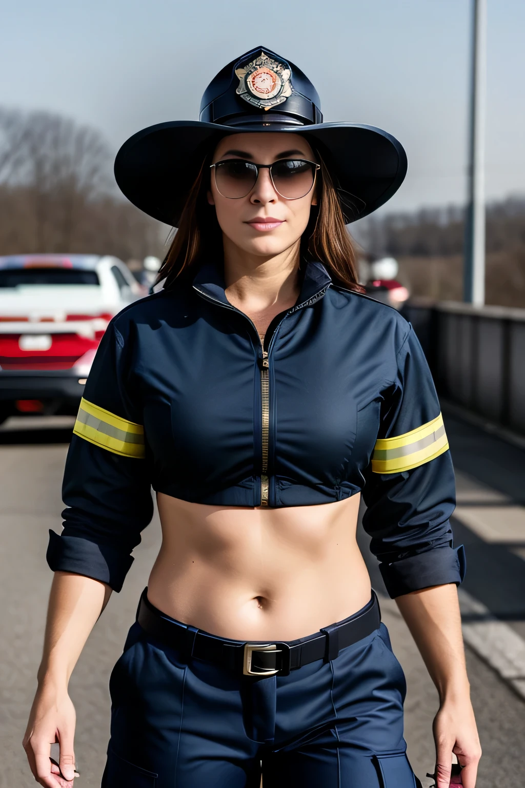 30 year old firefighter, Feuerwehroutfit, rundes Gesicht, seductive glance, Polizeiwache, shy, ((full body photo)), Meisterwerk, best quality, ultradetailliert, Schatten, Kontrast, Klarer Himmel, Stil, (warmer Farbton, warmer Ton: 1.2), Nahaufnahme, filmisches Licht, Seitenbeleuchtung, ultra high resolution, Bester Schatten, ROH, 4k, sexy, V-Ausschnitt, huge breasts
