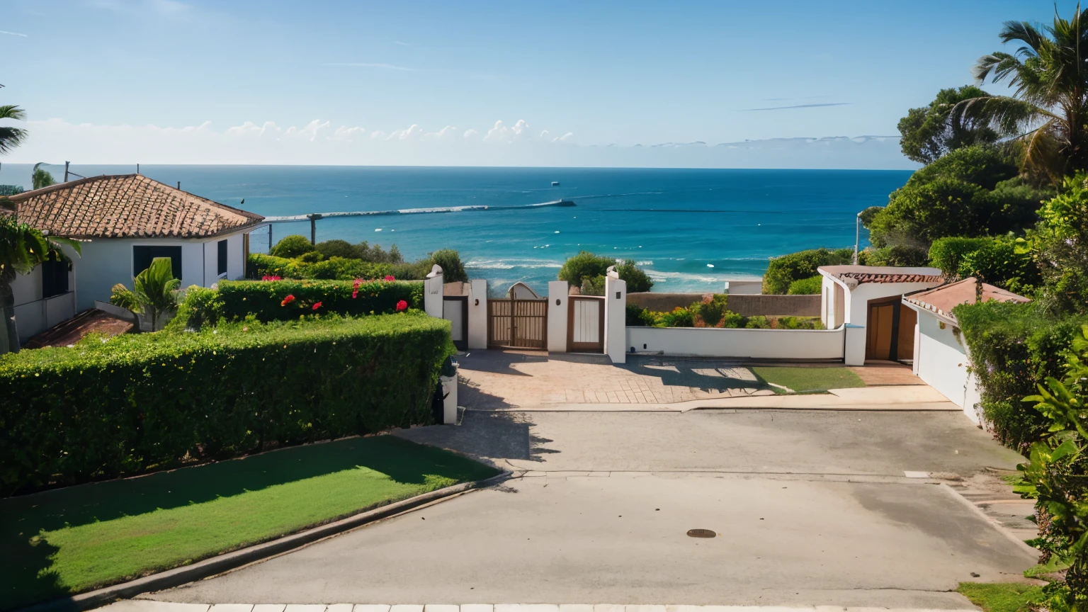 Realistic photo of villa near to ocean. Photo angle