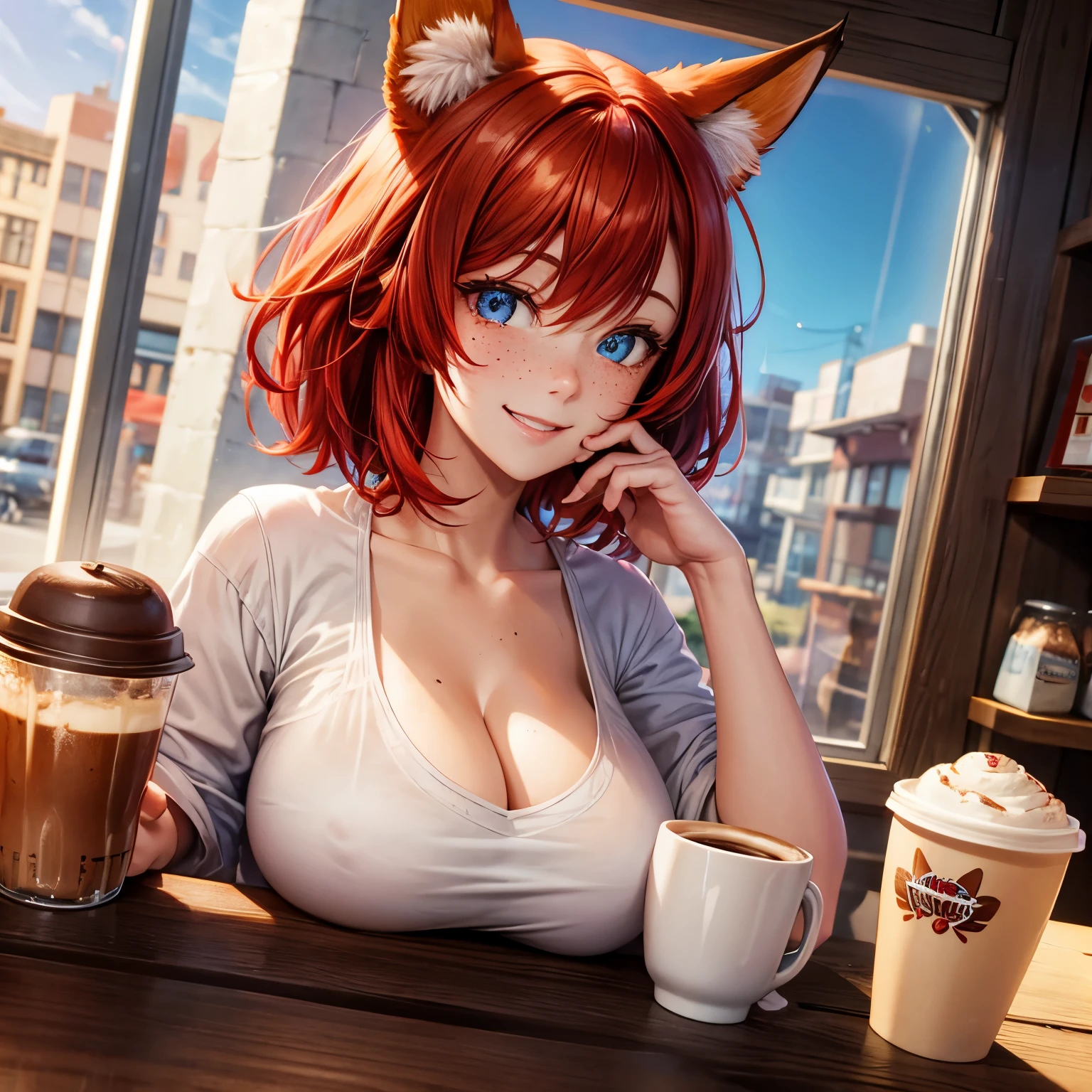 Freckles,Red hair,blue eyes,short hair,fox girl,huge breasts,fox ears,coffee shop,hearts,smile,coffee,window,natural light,dynamic lighting,