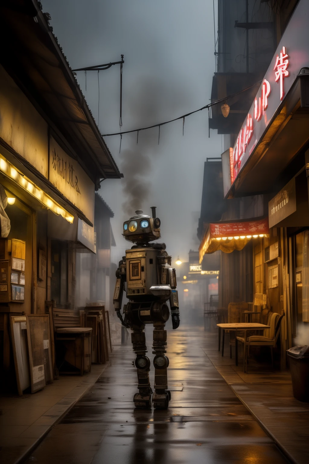 ((Best quality)), ((Masterpiece)), (detailed), A shabby, battered anthropomorphic robot smokes under an awning