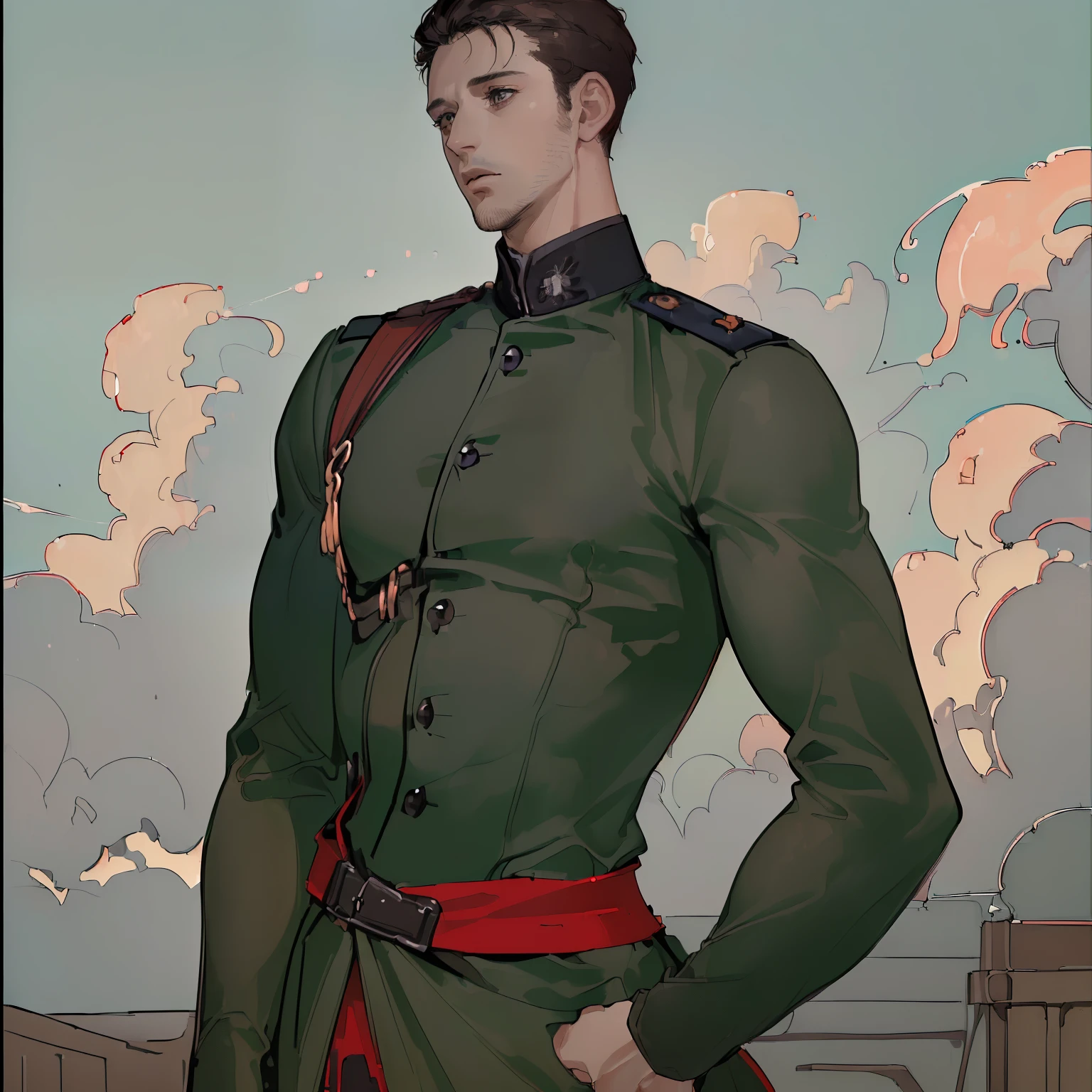(((8K, RAW-фотограф, Best quality at its best, Masterpiece: 1.4))), (portrait:1.4), (Masterpiece:1.2, top quality:1.2), (((Man))), (((mature))), (((30 years old))), (((soldier))), Dark brown hair, short hair, grey eyes, black , military form