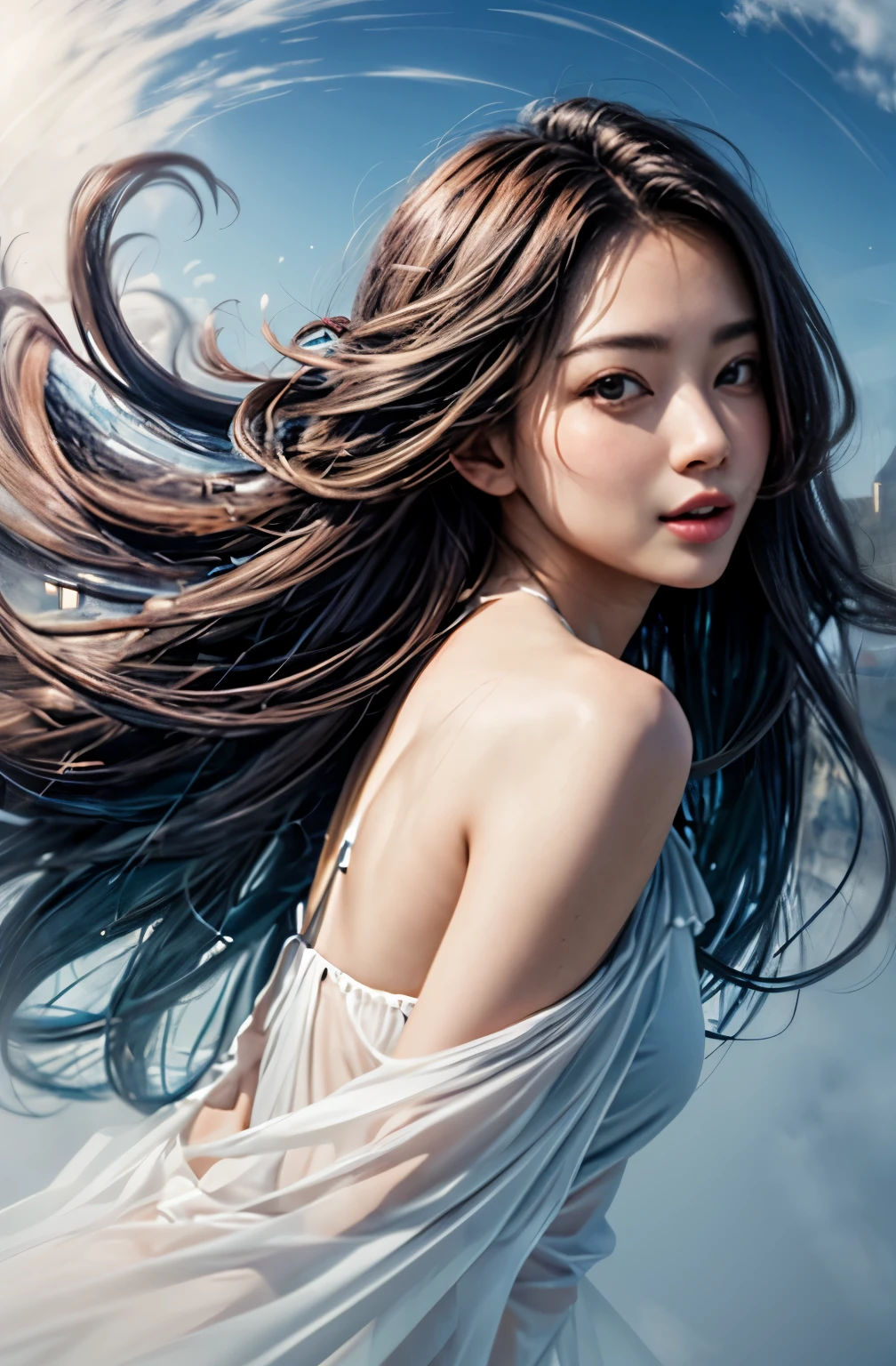 The surreal masterpiece, the mystery of the orgiastic curve of the female body, the double exposure of the spiral of long hair, the open sensual mouth, the fortress of inexpressible desire, the unremarkable beauty in misty colors