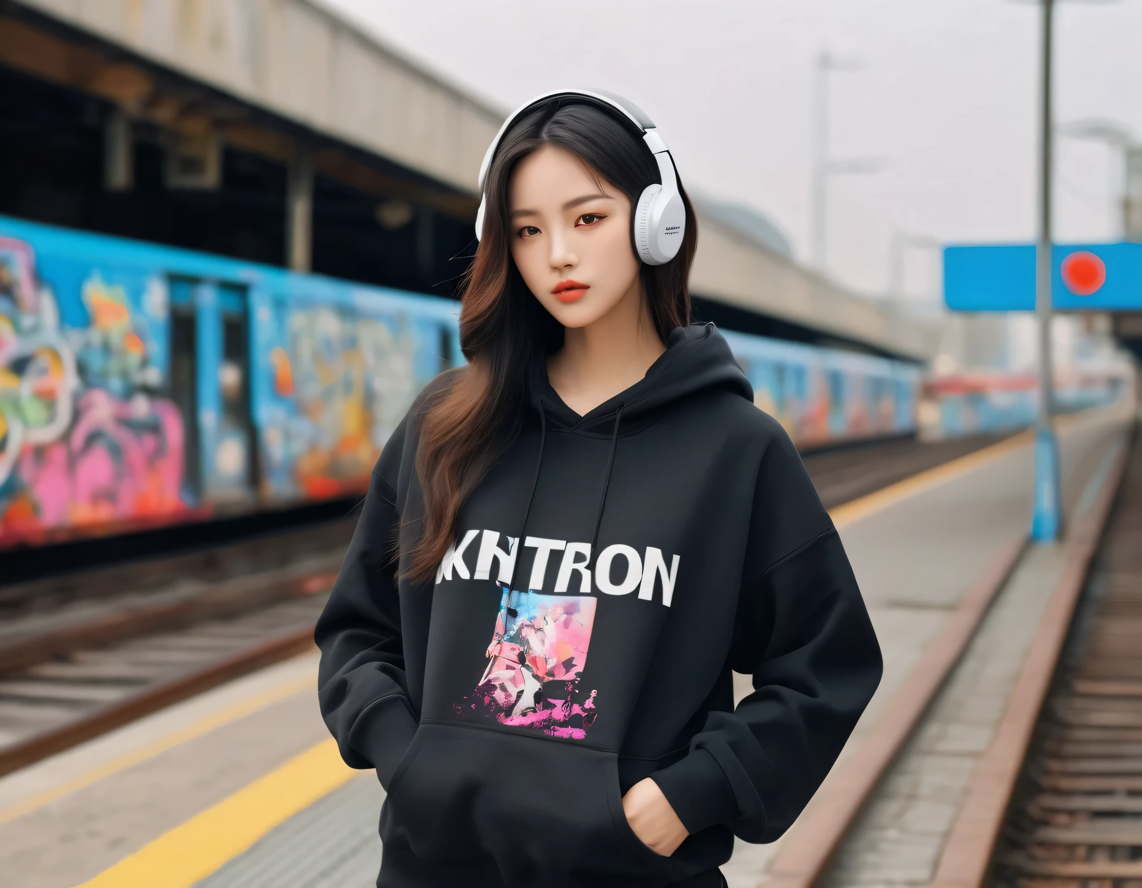 a very attractive Korean girl standing on in alley with walls covered in colorful graffiti in a black branded hoodie and jeans listening to music passionately, a picture inspired by Jean Xceron, trending on pexels, graffiti, beautiful Korean girl, gorgeous Korean model, (medium-sized breasts), woman in streetwear, urban punk casual clothing, she is wearing punk streetwear, casual clothes, wearing a black hoodie, jeans, trendy clothes, street clothes, black outfit, jeans pants, ripped clothing, girl wearing black hoodie, (detailed over-head headphones), listening to music passionately, (sparkling eyes, eye reflection), ray tracing, cinematic light, vivid colors, bokeh, (close-up), multiple views, Ultra-Wide Angle, Nikon, 85mm, f/16, UHD, masterpiece, textured skin, super detail, award winning, best quality, (16k), highres