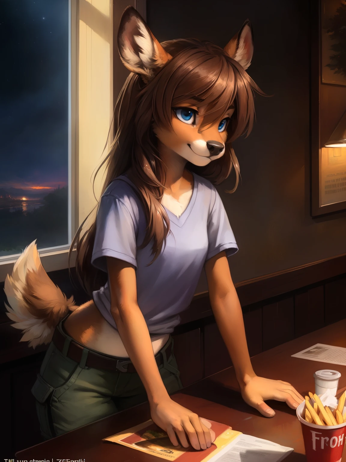 uploaded the e621, beautiful and detailed portrait of a (((female))) small very young solo age young anthro female deer doe with with small hips and a skinny body and ((clear navy blue eyes)), ( small legs and hips :1.5), small pelvis, Slim waist, wearing cargo pants and a shirt, sitting in a fast food restaurant on a table with fries, long brown hair, kenket, Ross Tran,ruan jia, uploaded to e621, zaush, foxovh, zenematic lighting, deer,full body, deer tail, day, beautiful, messy hair, brown hair, 1girl, solo, night, smiling shyly, detailed,hair covering eyes, black and brown hair, long hair floating in the wind, beautiful, (sublime: 1.0), (Extremely sensitive: 1.0),
