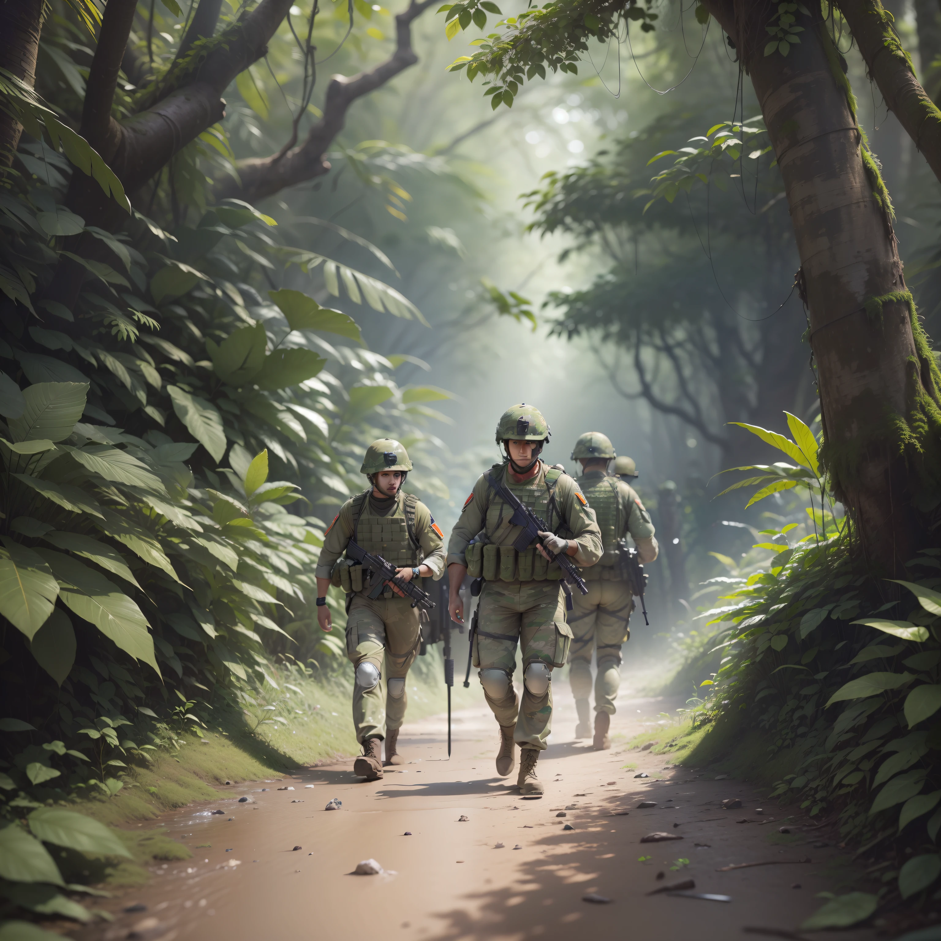 a group of soldiers marching inside dense amazon wild forest, 4k high resolution, ultra realistic, ((realistic:1:2)), wide view mode --ar 16:9, --v 5 auto -imagine - --s2