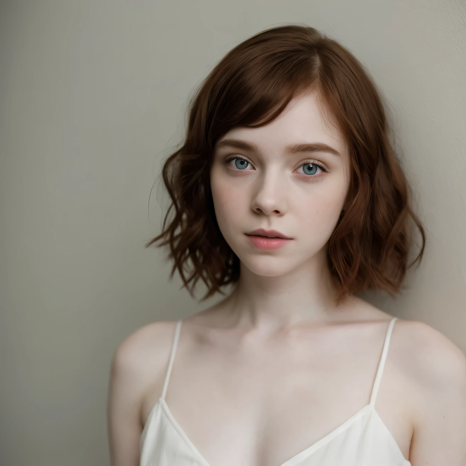 Sophia Lillis, plump body, pretty makeup, pale skin, long wavy hair, fucking 