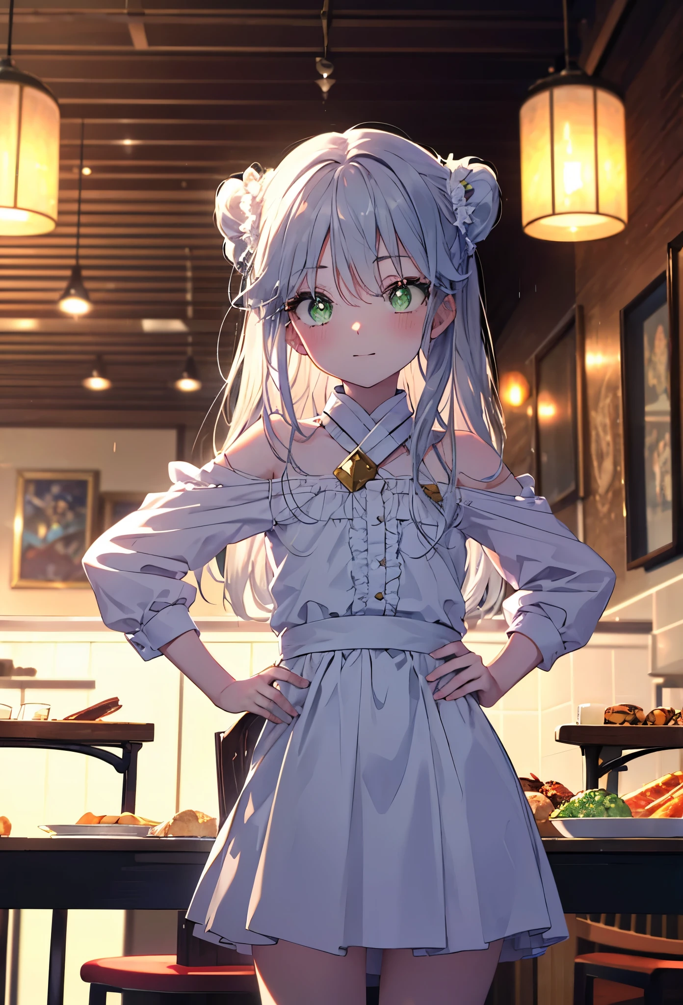 index, index, (green eyes:1.5), silver hair, long hair, (flat chest:1.2),smile,blush,bossy,she was wearing a maid long skirt, white stockings on her legs,put both hands on hips,Standing in honor,bare shoulders,looking up from below,There's a lot of food on the table, break looking at viewer, Upper body, whole body, break indoors, restaurant,viking, break (masterpiece:1.2), highest quality, High resolution, unity 8k wallpaper, (figure:0.8), (detailed and beautiful eyes:1.6), highly detailed face, perfect lighting, Very detailed CG, (perfect hands, perfect anatomy),