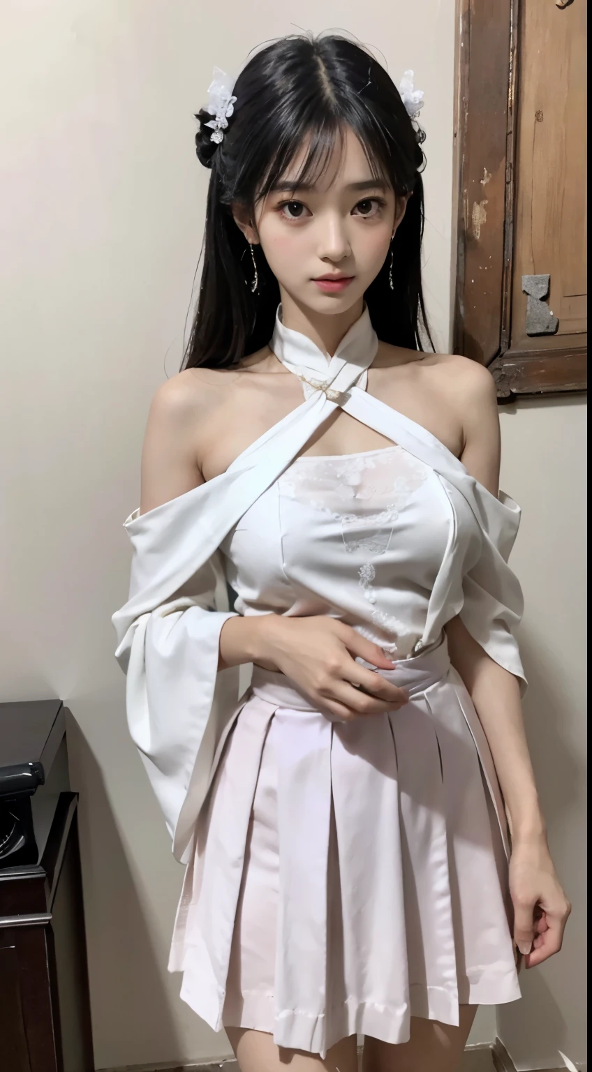 Master quality, highest quality, best picture quality, exaggerated details, a princess cute10 year old asian  with a shy expression, slightly squinted eyes, adjusting her hair, long eyelashes (long hair / very, very exaggerated big breasts, big tits / in pink white  pentticoat, qipao dress, short skirt), posing  in front of the camera, wet breast see under wear, open hanfu  accessories, jewelry, delicate face, eye shadow, purple top, purple, purple, purple long skirt, Dunhuang style, delicate embroidery, silver decoration, silver streamer, white streamer, light blue streamer, delicate skin, soft light effect, delicate and silky hair, delicate details, eye highlight, fair skin, fine portrayal, extreme details, cinematic quality, thin, slender, broken, hair details, thin bangs, shawl hair, Correct body, shadow, air bangs, 8K, super fine, fine fabric texture, soft, supple, smooth texture, Dunhuang style, delicate pattern, correct hand painting, anatomical correct, accurate, night, dark night, lighting, Tyndall effect, ray tracing, HUD, stunning antique beauty, perfect face, perfect delicate and clear facial features