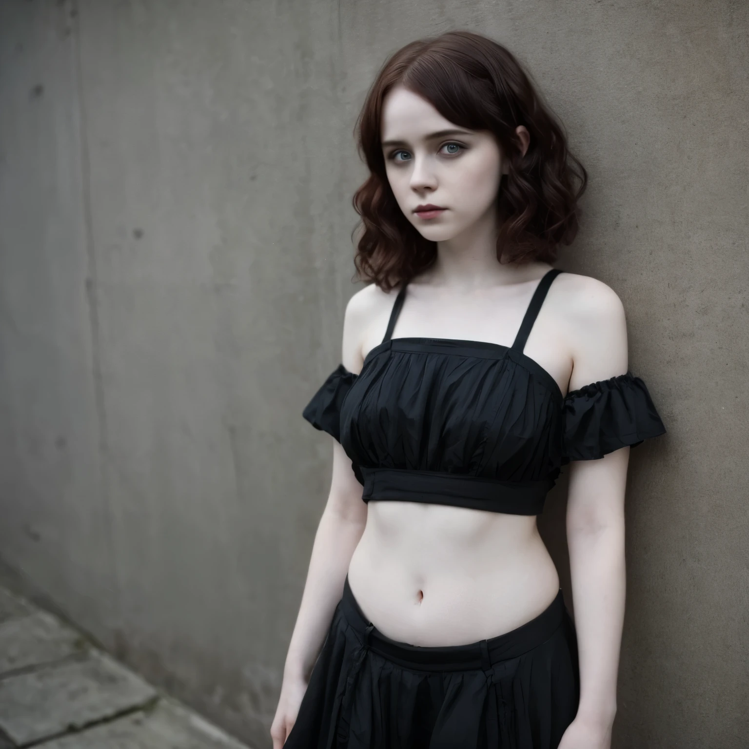 Sophia Lillis, plump body, goth makeup, pale skin, long wavy hair, creaming