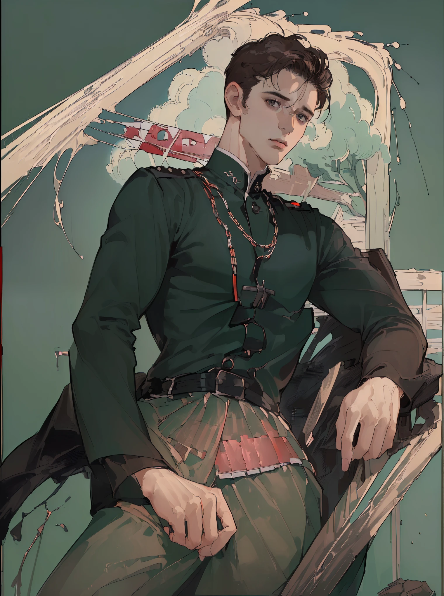 (((8K, RAW-фотограф, Best quality at its best, Masterpiece: 1.4))), (portrait:1.4), (Masterpiece:1.2, top quality:1.2), (((Man))), (((mature))), (((30 years old))), (((soldier))), Dark brown hair, short hair, grey eyes, black , military form