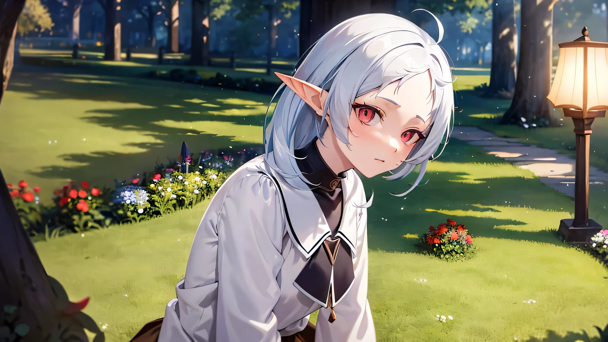 a cute character named Sylphie with elf-like ears and white tomboyish hair, the eyes are red colored with black pupils. Her forehead is visible and detailed with a signal. The character is wearing a white long-sleeve shirt and a brown skirt, is crouching on the grass amidst a serene and beautifully illuminated forest. Mushoku Tensei. anime style masterpiece.