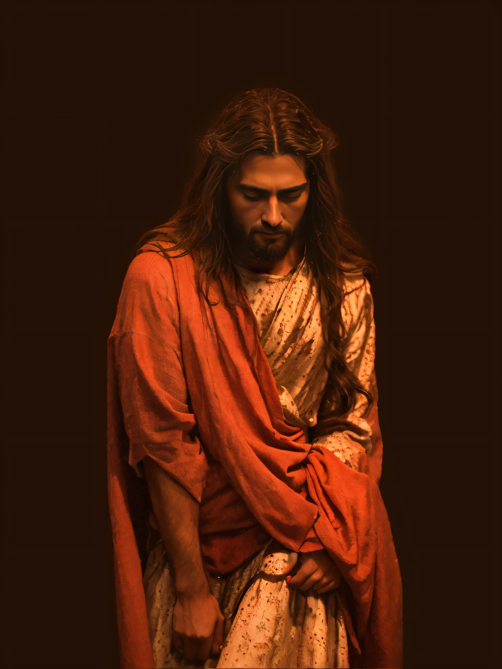 Jesus Cristo, Vestido como Jesus Cristo, Retrato de Jesus Cristo, Jesus, Jesus of Nazareth, Jesus Gigachad, Jesus na Cruz, Dirigido por: Kurt Roesch, rosto de Jesus, Jesus, CRU, foco preciso, raios de sol, Background in the photo studio, 8K, 80mm 1.8, Canon R3 , ISO 3800 Certification, filme de filme, cinematic funky landscape